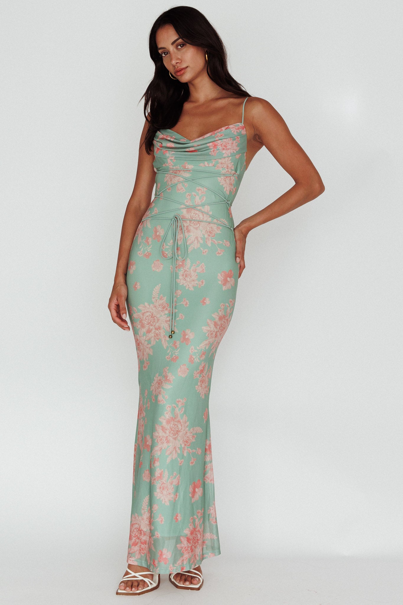 Teava Laced Waist Maxi Dress Floral Green-Maymioy