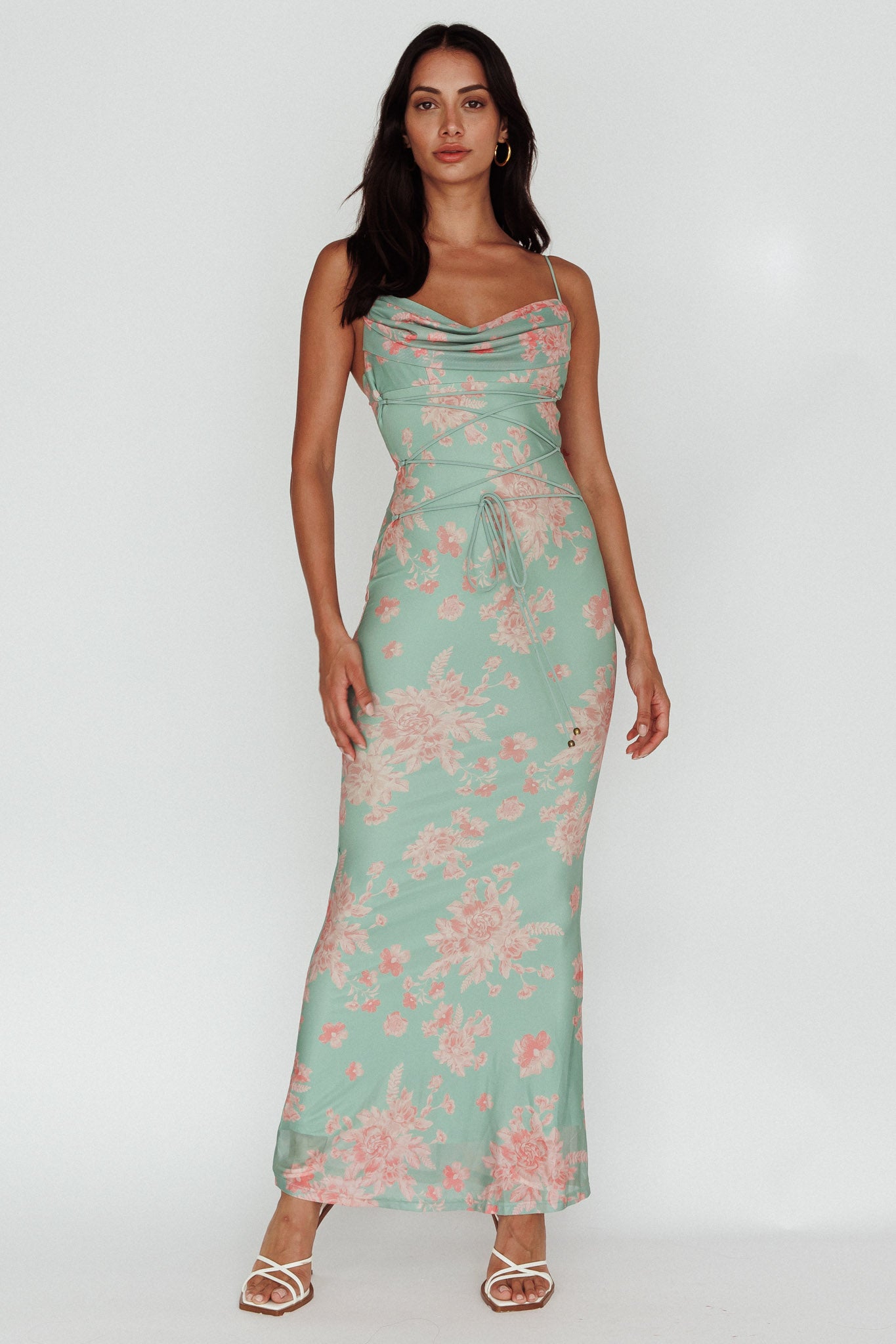 Teava Laced Waist Maxi Dress Floral Green-Maymioy