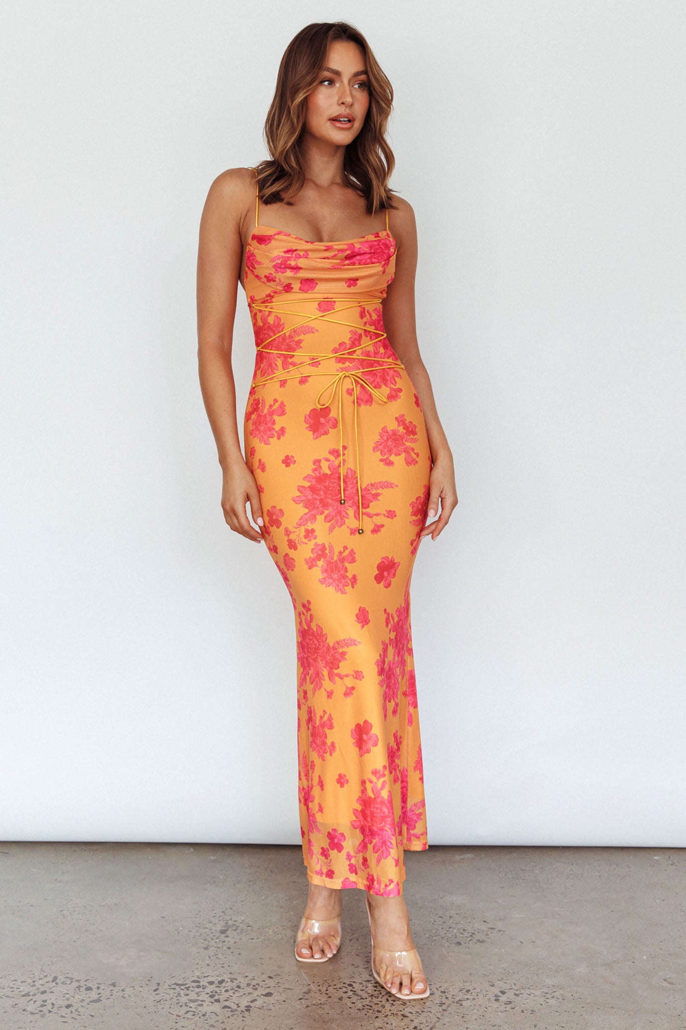 Teava Laced Waist Maxi Dress Floral Orange-Maymioy