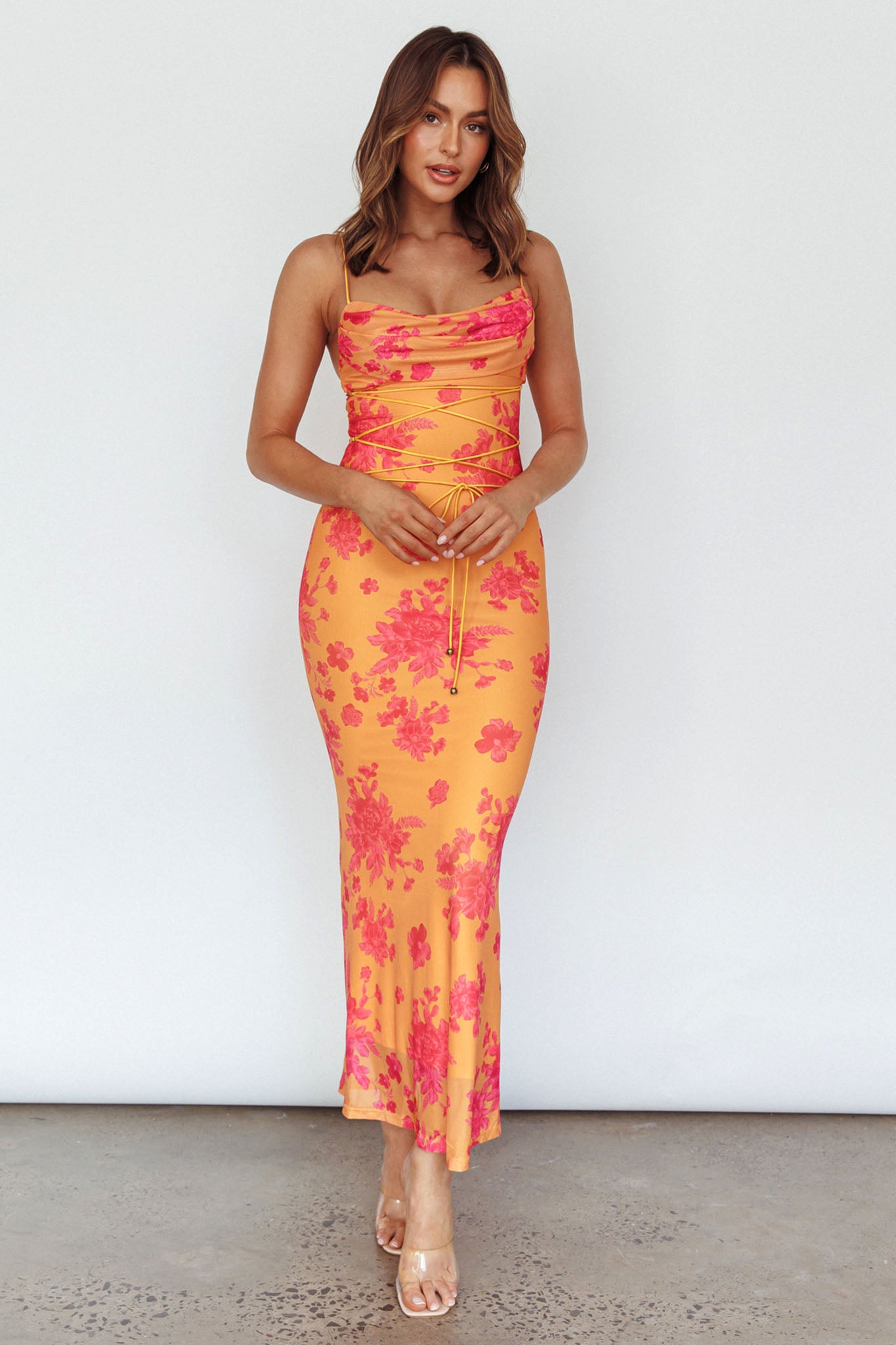Teava Laced Waist Maxi Dress Floral Orange-Maymioy