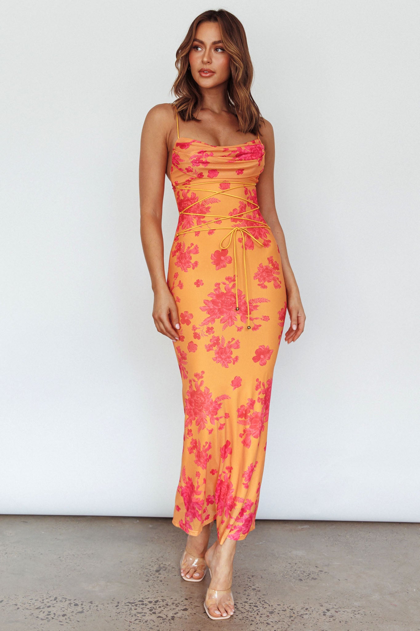 Teava Laced Waist Maxi Dress Floral Orange-Maymioy