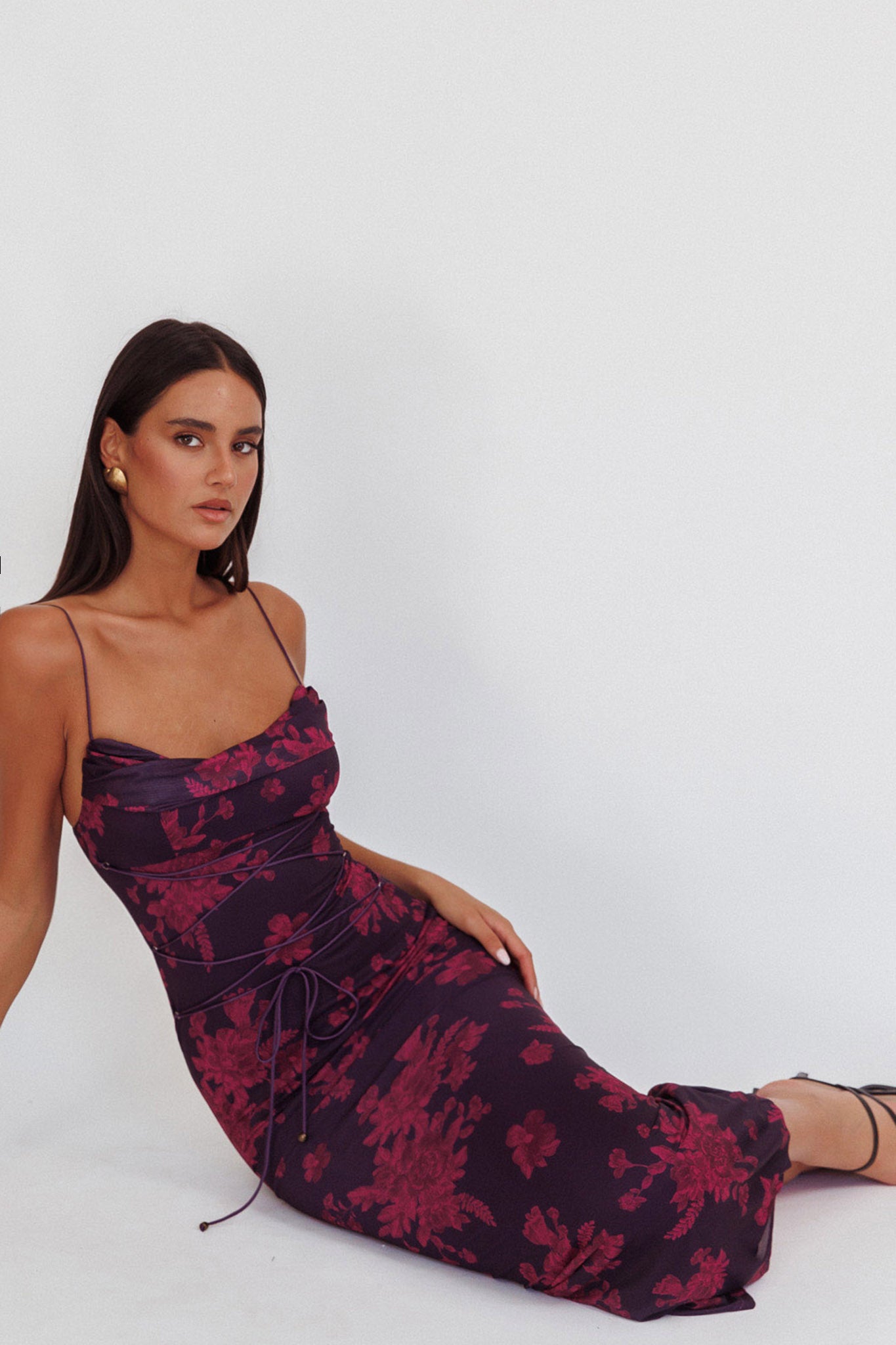 Teava Laced Waist Maxi Dress Floral Grape-Maymioy