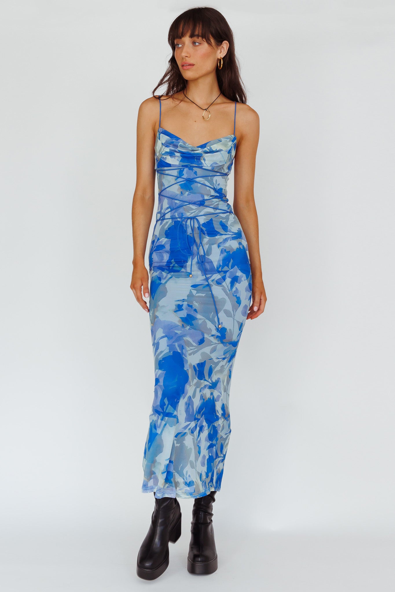 Teava Laced Waist Maxi Dress Print Floral Blue-Maymioy
