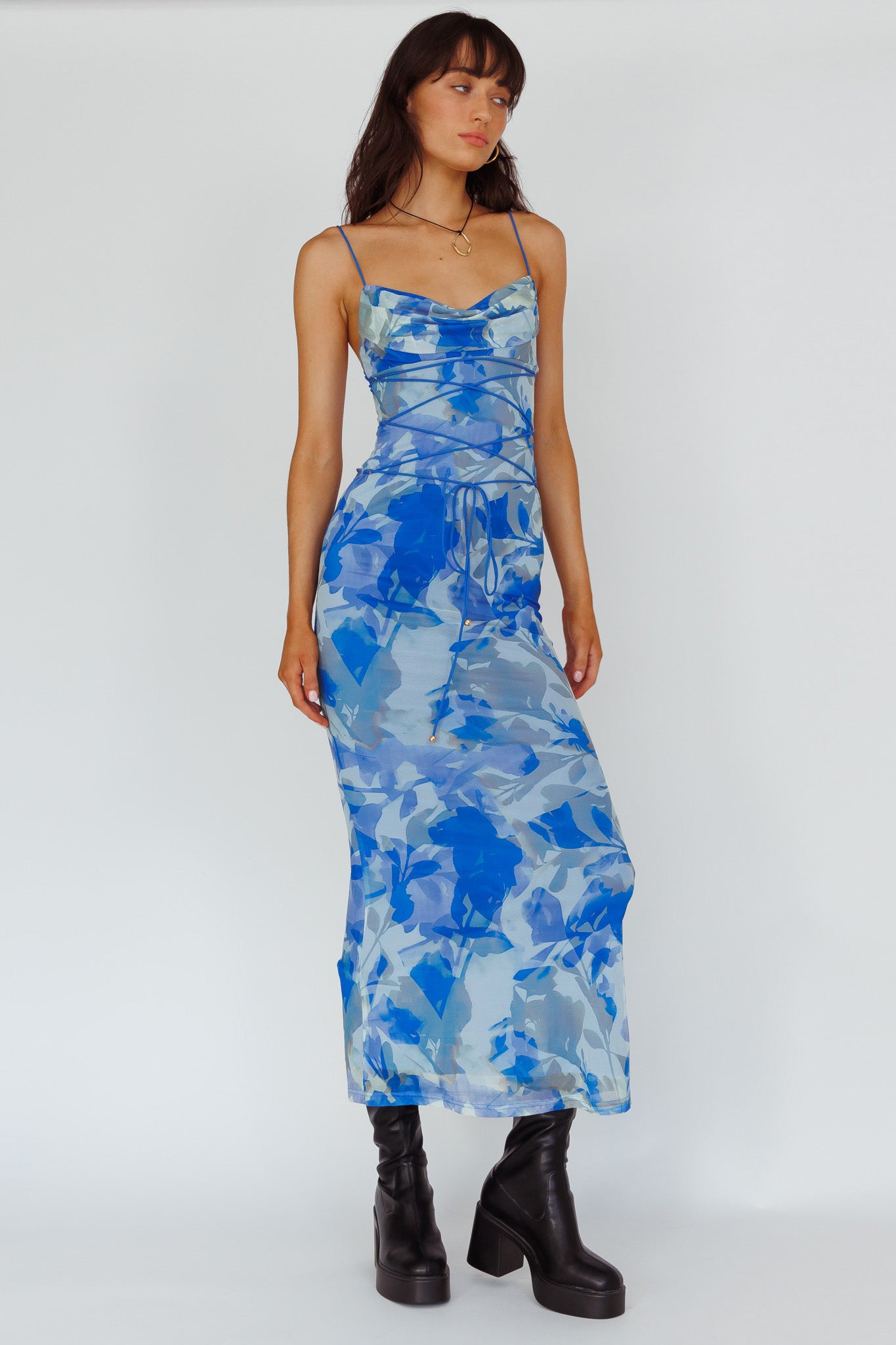 Teava Laced Waist Maxi Dress Print Floral Blue-Maymioy