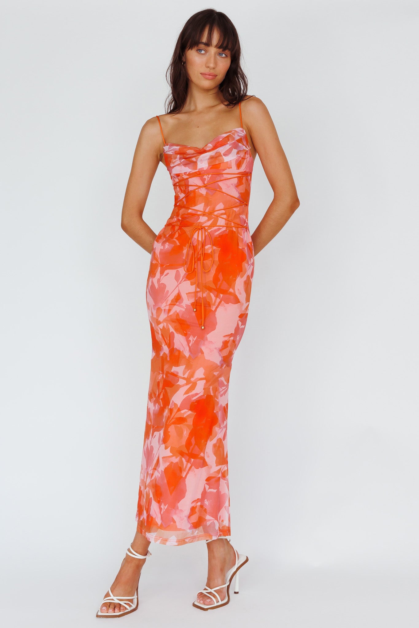 Teava Laced Waist Maxi Dress Print Floral Orange-Maymioy