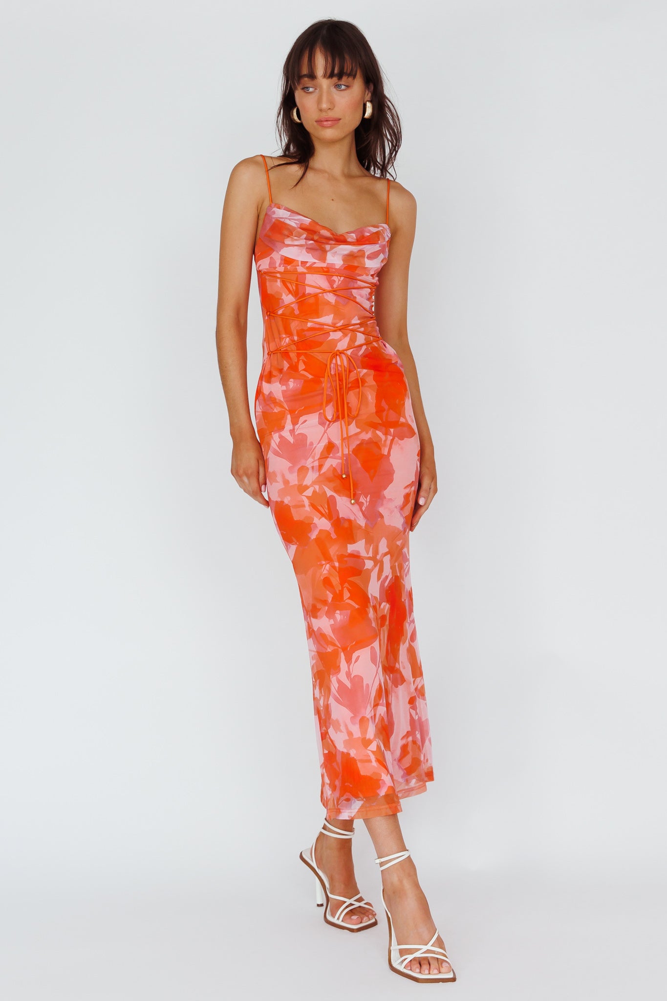 Teava Laced Waist Maxi Dress Print Floral Orange-Maymioy
