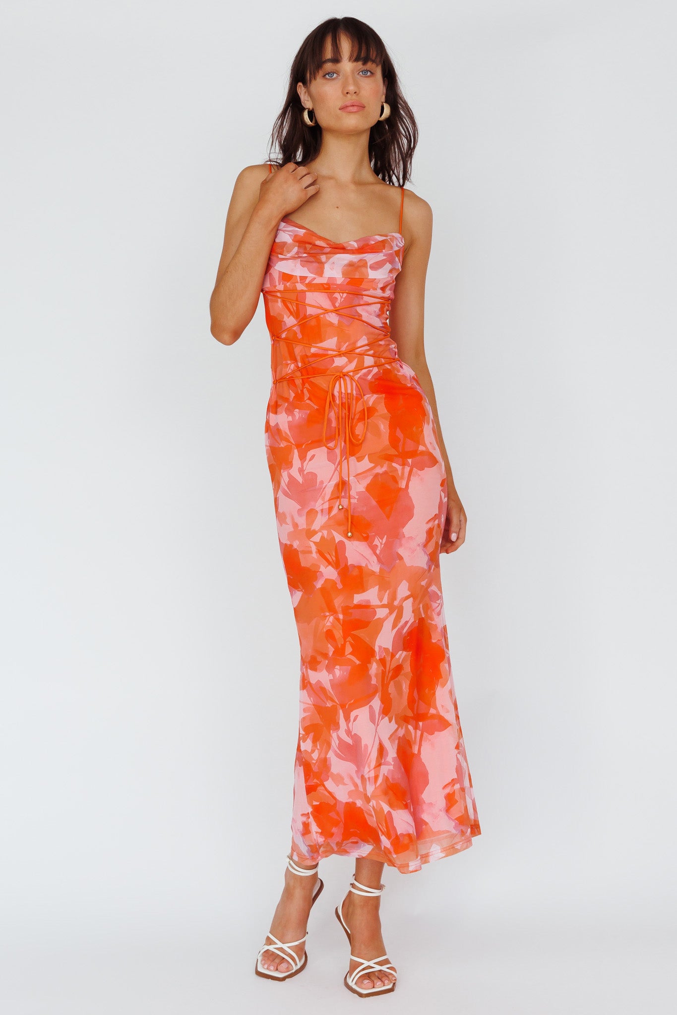 Teava Laced Waist Maxi Dress Print Floral Orange-Maymioy