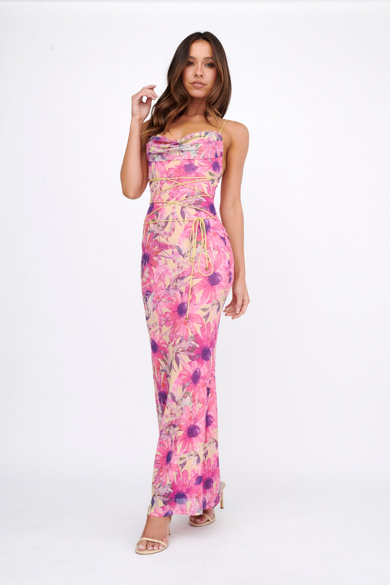 Teava Laced Waist Maxi Dress Flower Pink-Maymioy