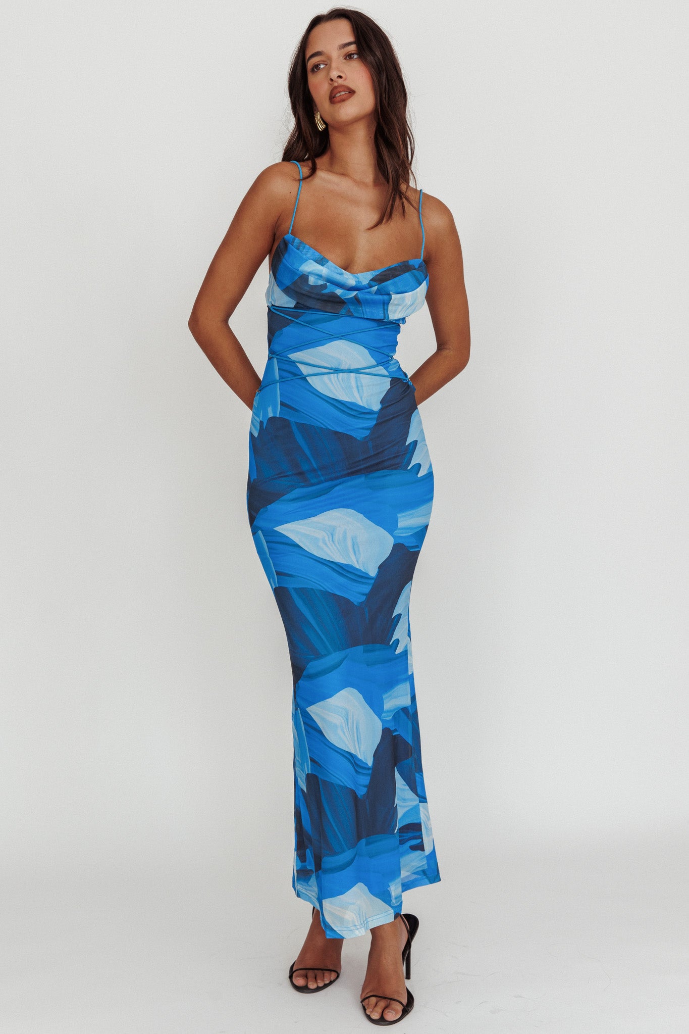 Teava Laced Waist Maxi Dress Abstract Blue-Maymioy