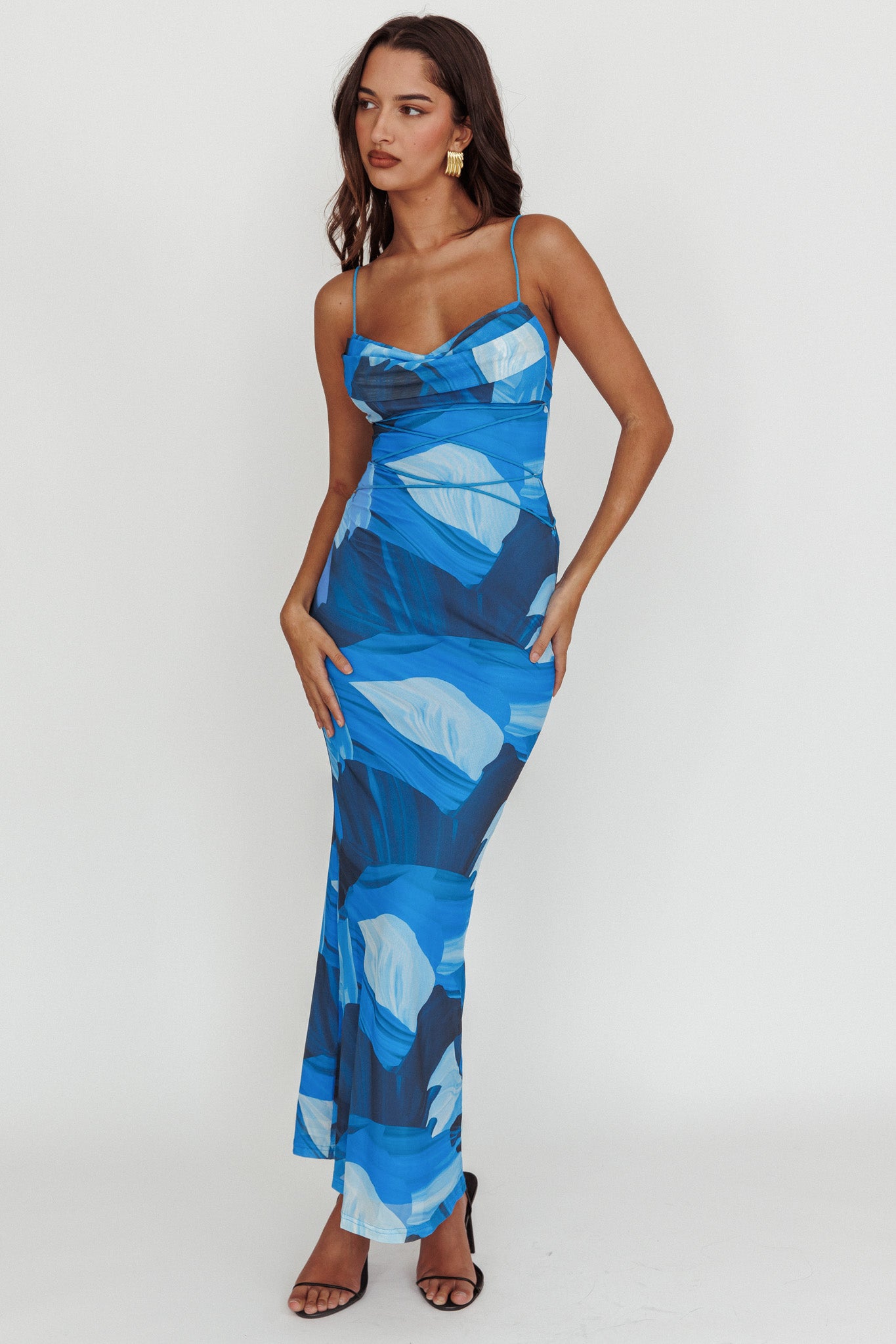 Teava Laced Waist Maxi Dress Abstract Blue-Maymioy