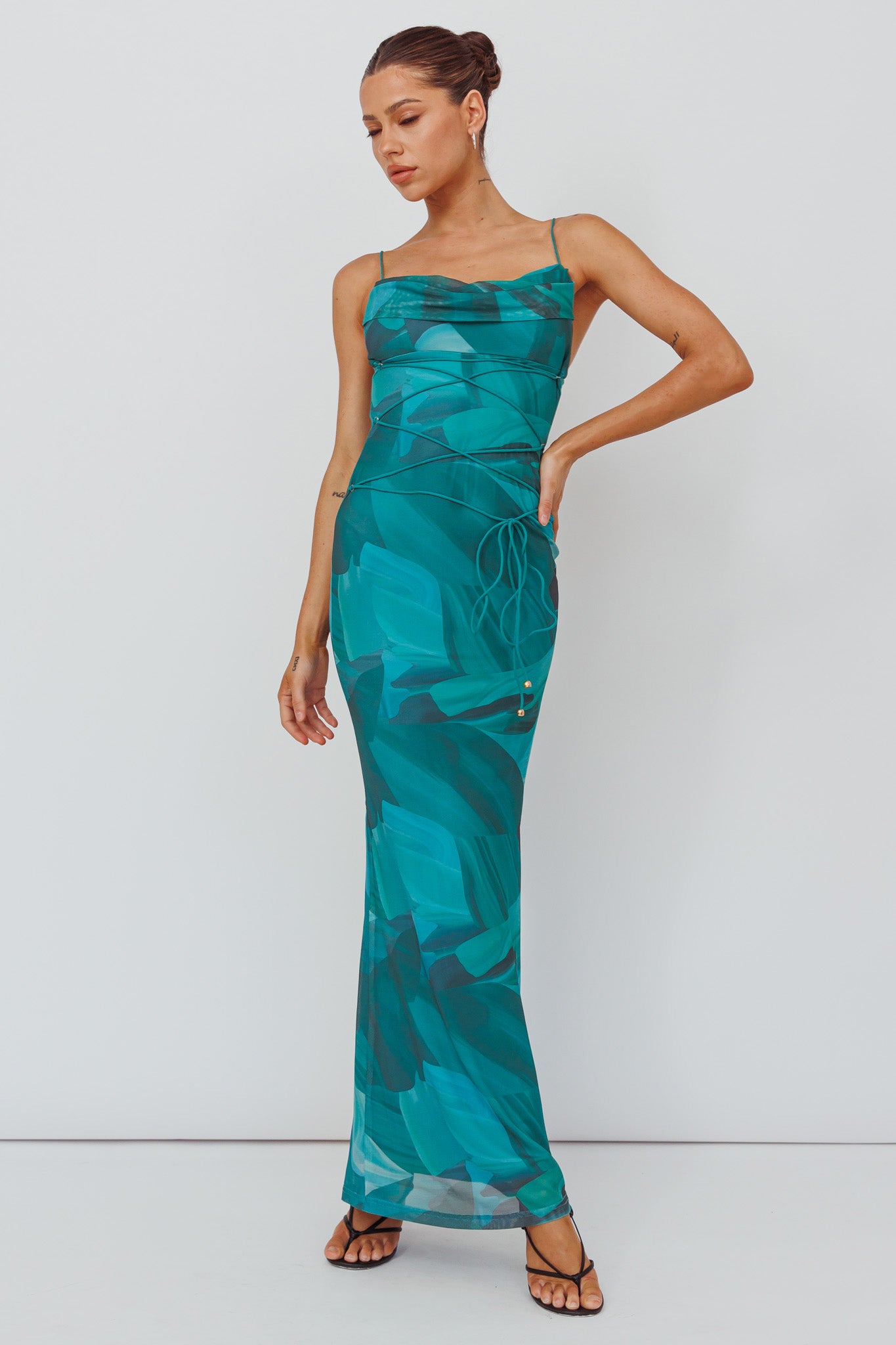 Teava Laced Waist Maxi Dress Abstract Green-Maymioy