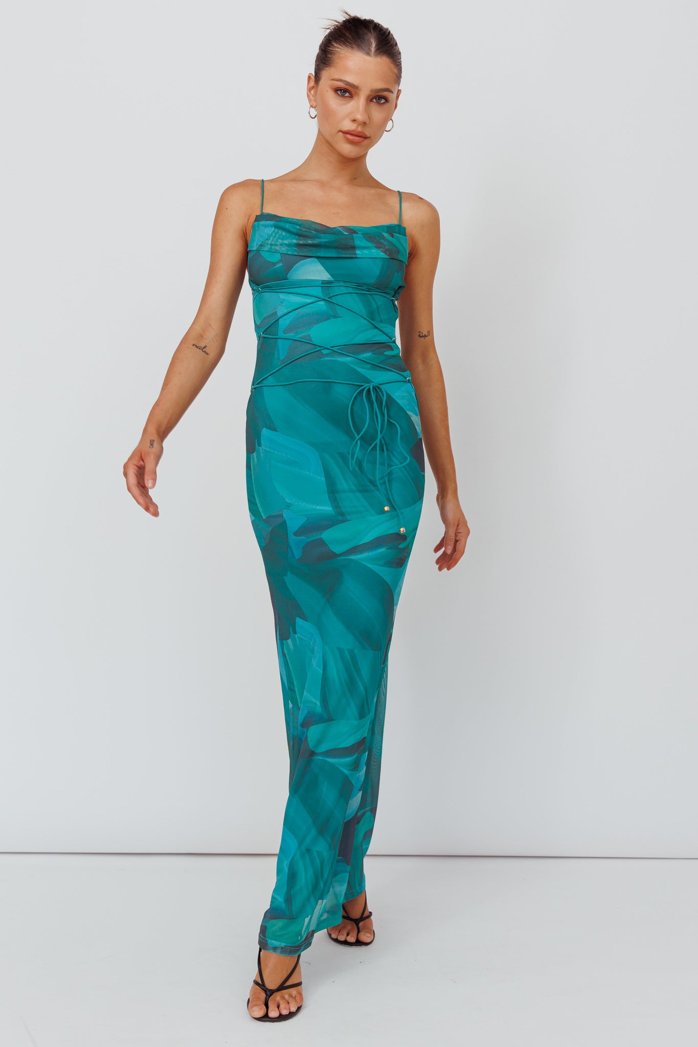 Teava Laced Waist Maxi Dress Abstract Green-Maymioy