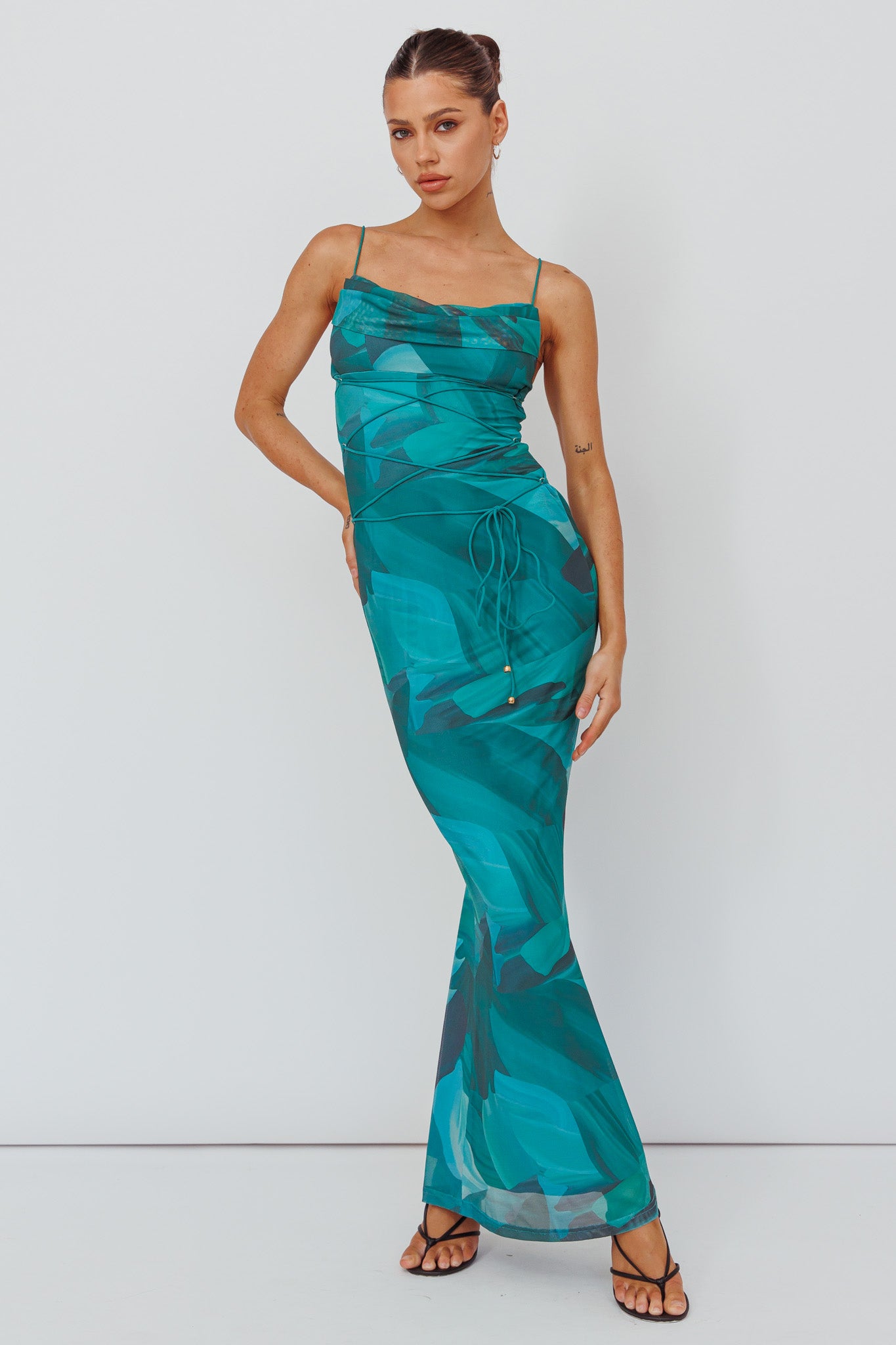 Teava Laced Waist Maxi Dress Abstract Green-Maymioy
