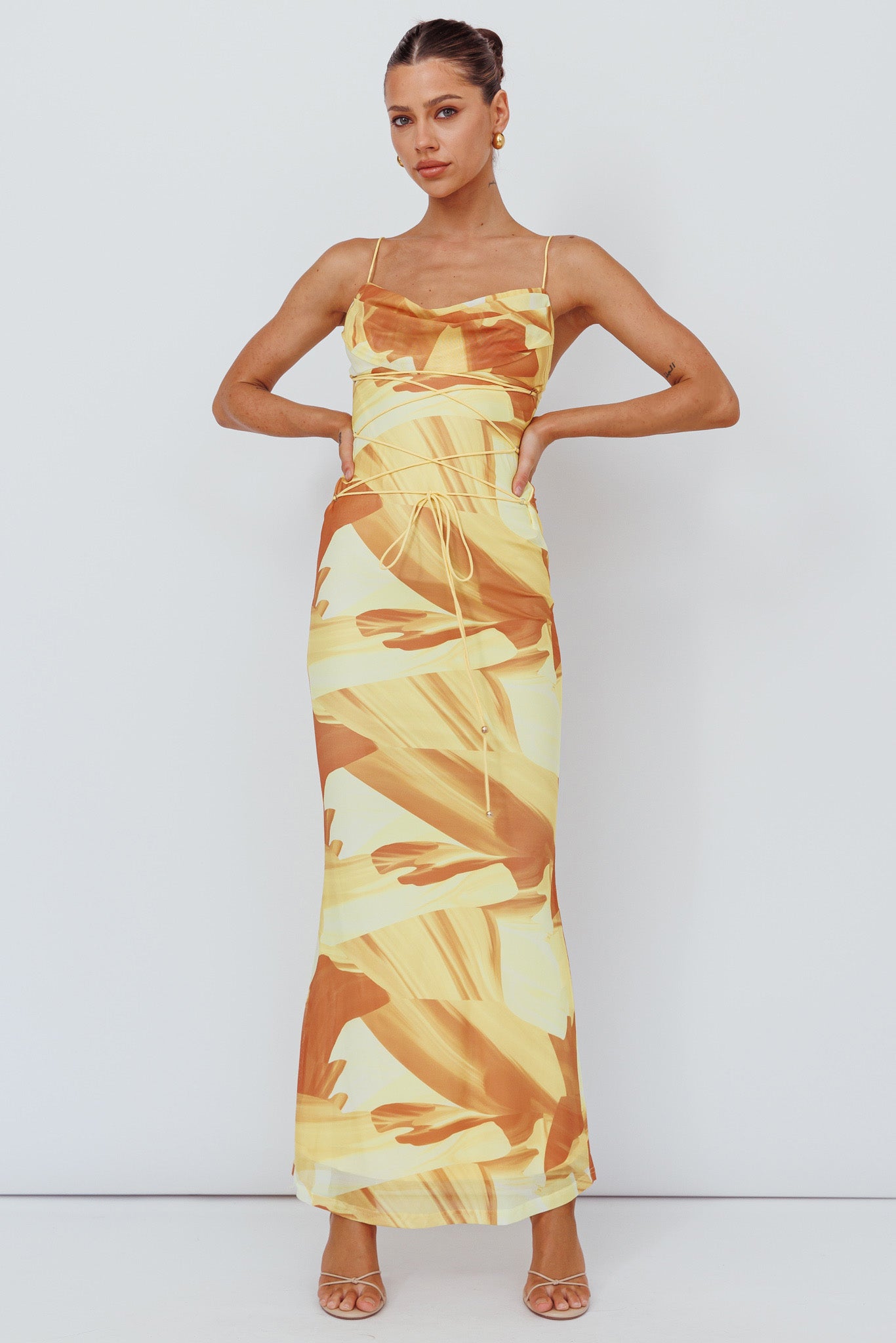 Teava Laced Waist Maxi Dress Abstract Yellow-Maymioy