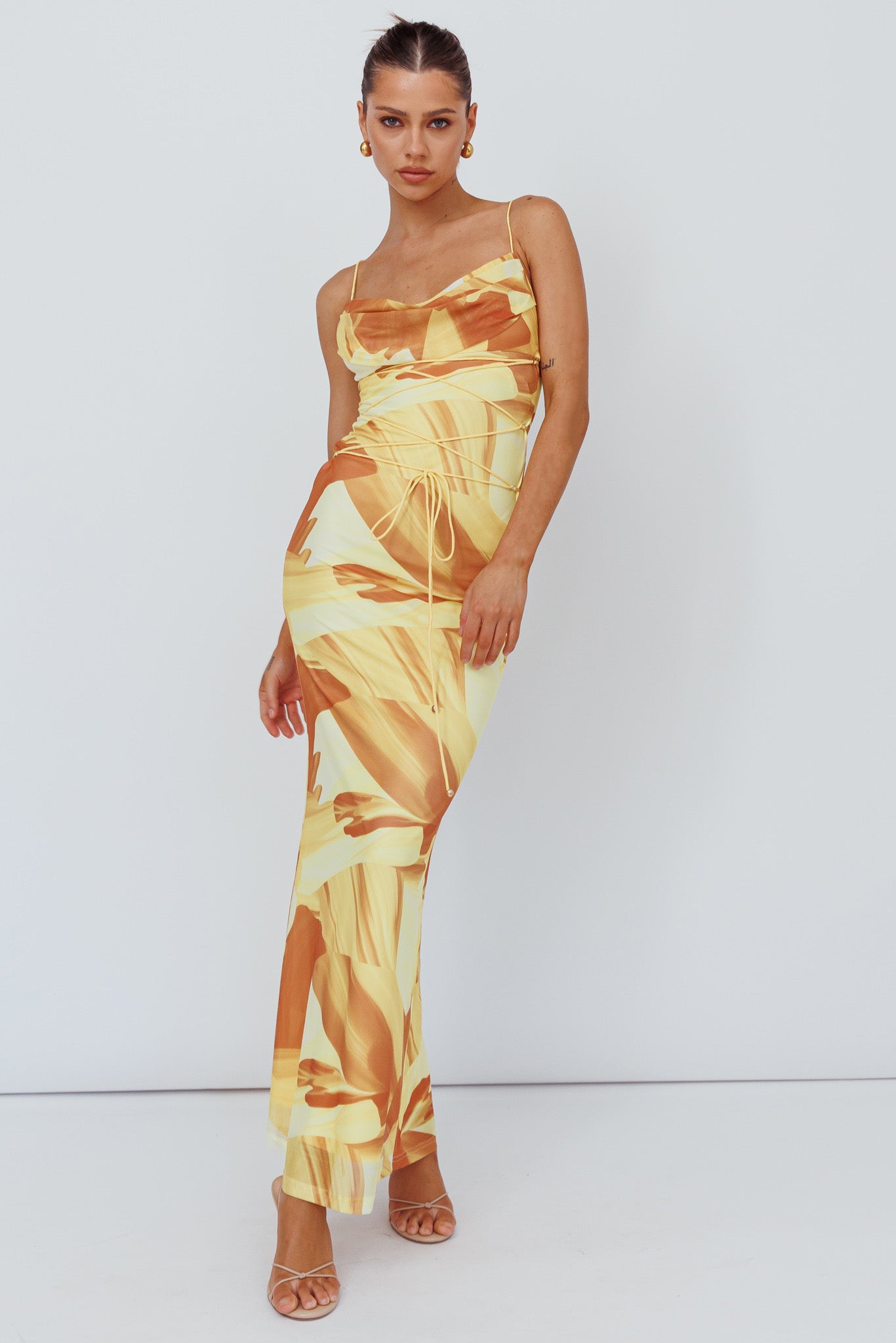 Teava Laced Waist Maxi Dress Abstract Yellow-Maymioy