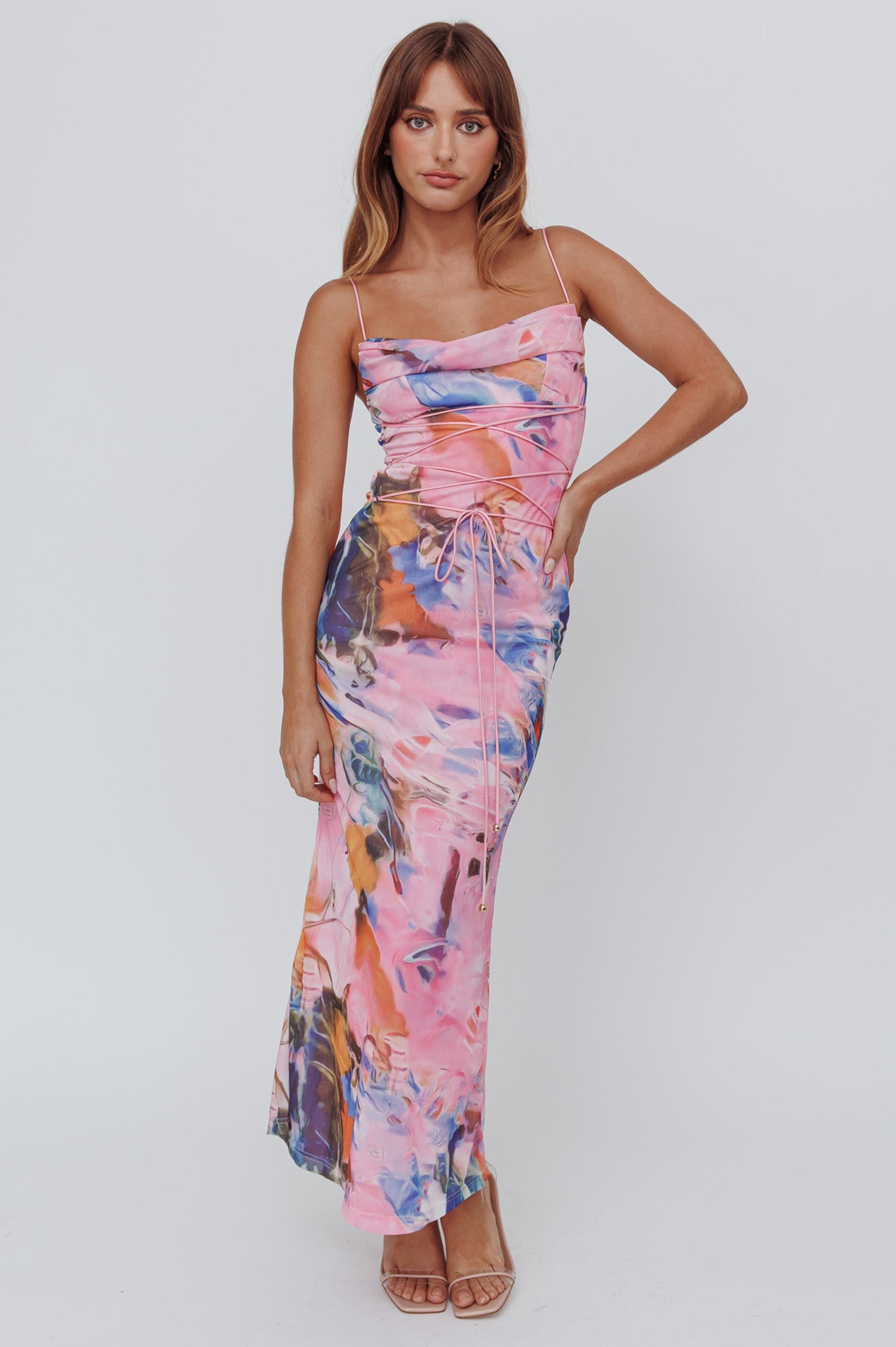 Teava Laced Waist Maxi Dress Watercolor Pink-Maymioy