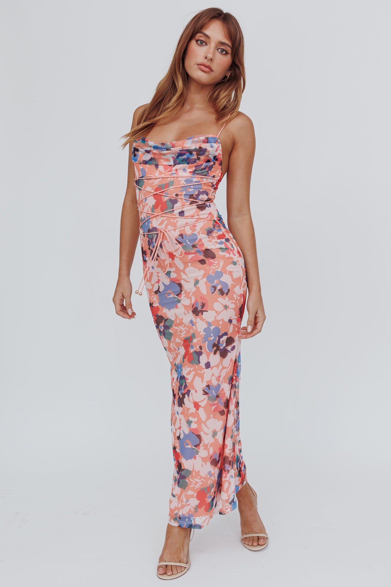 Teava Laced Waist Maxi Dress Flowers Orange-Maymioy