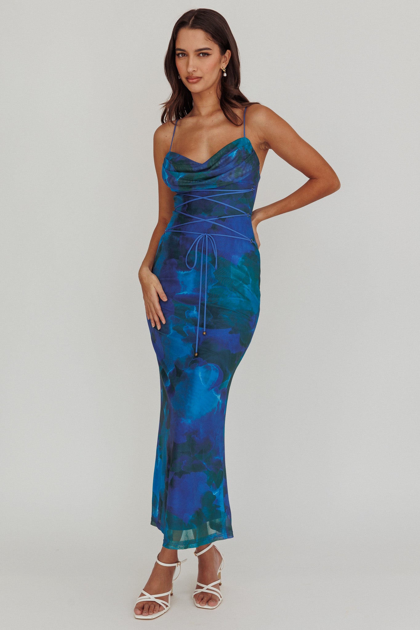 Teava Laced Waist Maxi Dress Print Blue-Maymioy