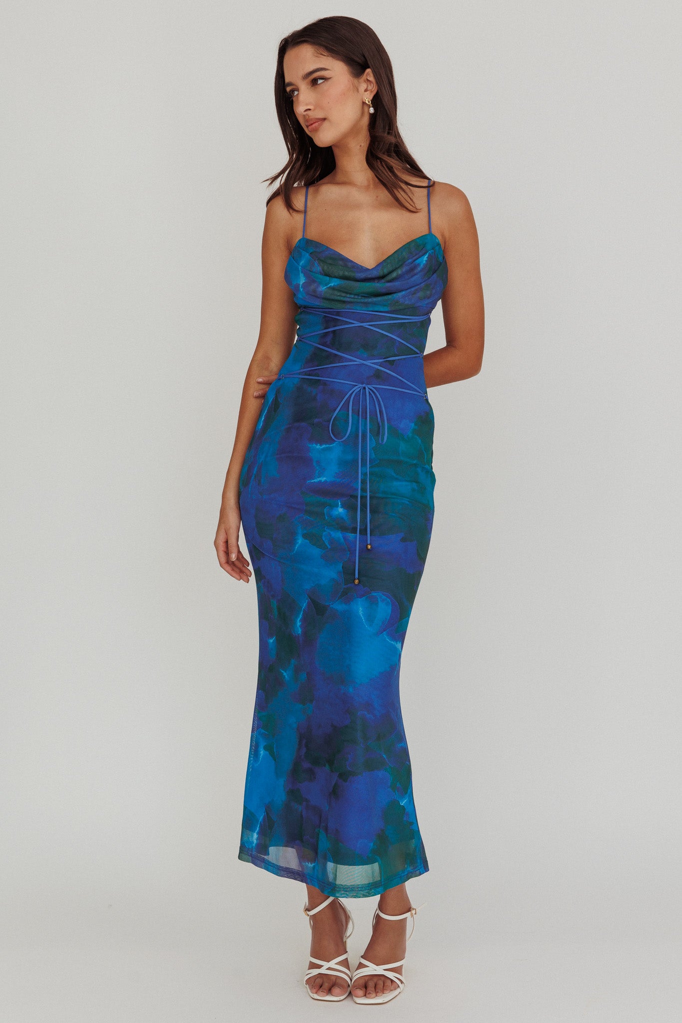 Teava Laced Waist Maxi Dress Print Blue-Maymioy