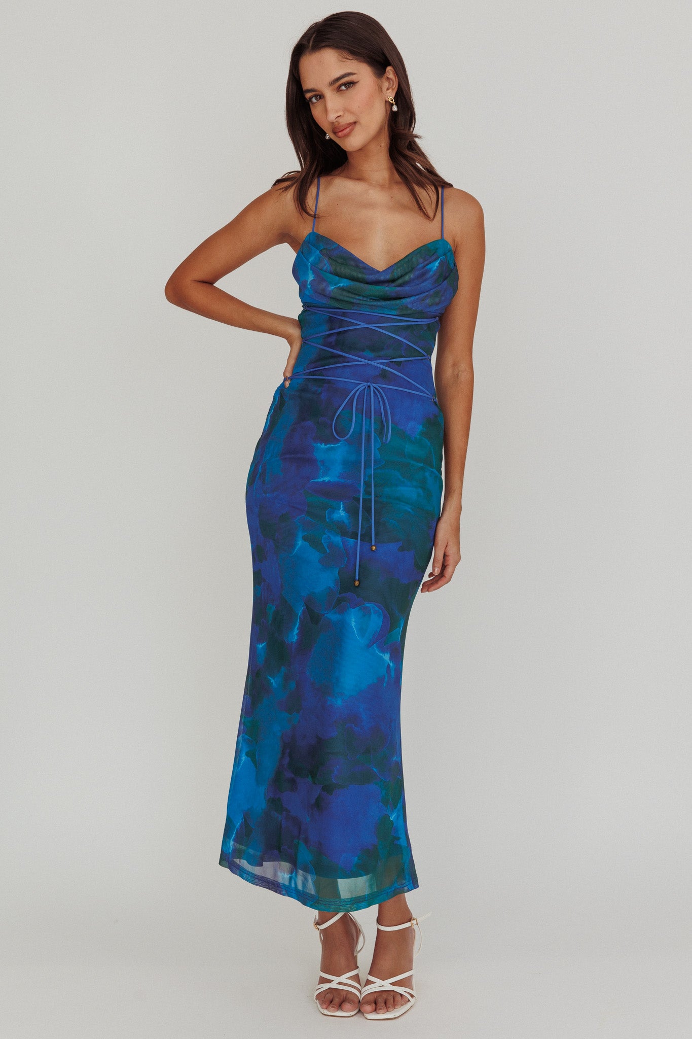 Teava Laced Waist Maxi Dress Print Blue-Maymioy