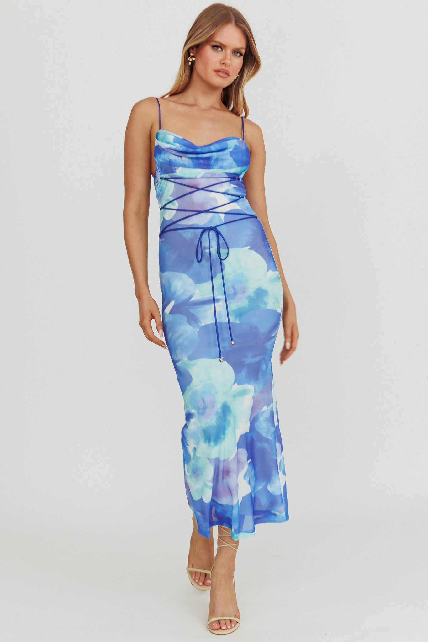 Teava Laced Waist Maxi Dress Flowers Blue-Maymioy