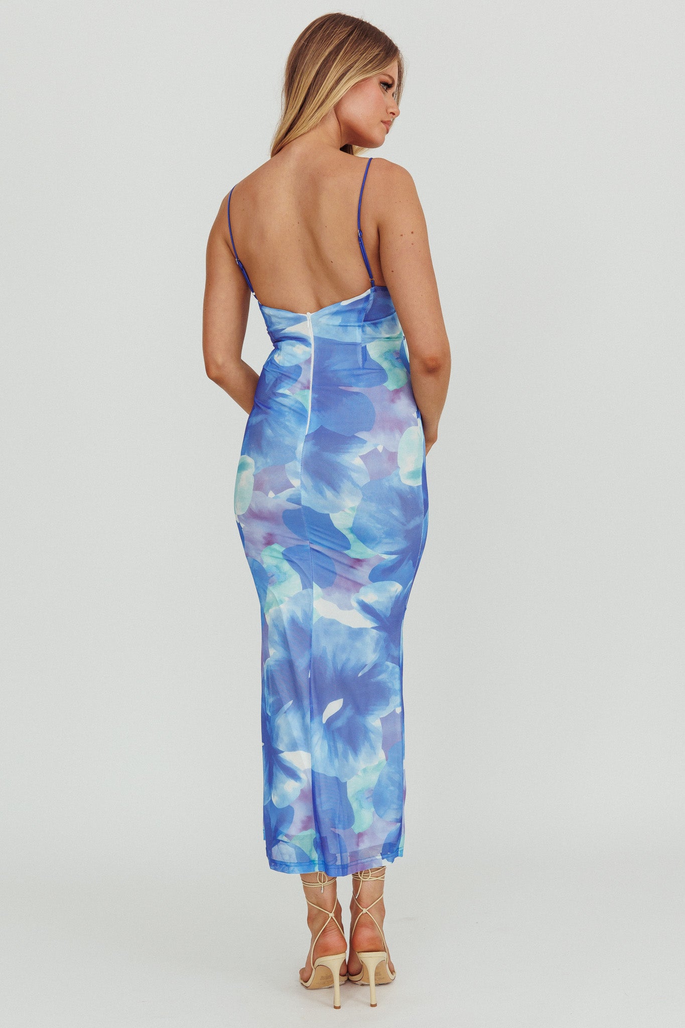 Teava Laced Waist Maxi Dress Flowers Blue-Maymioy