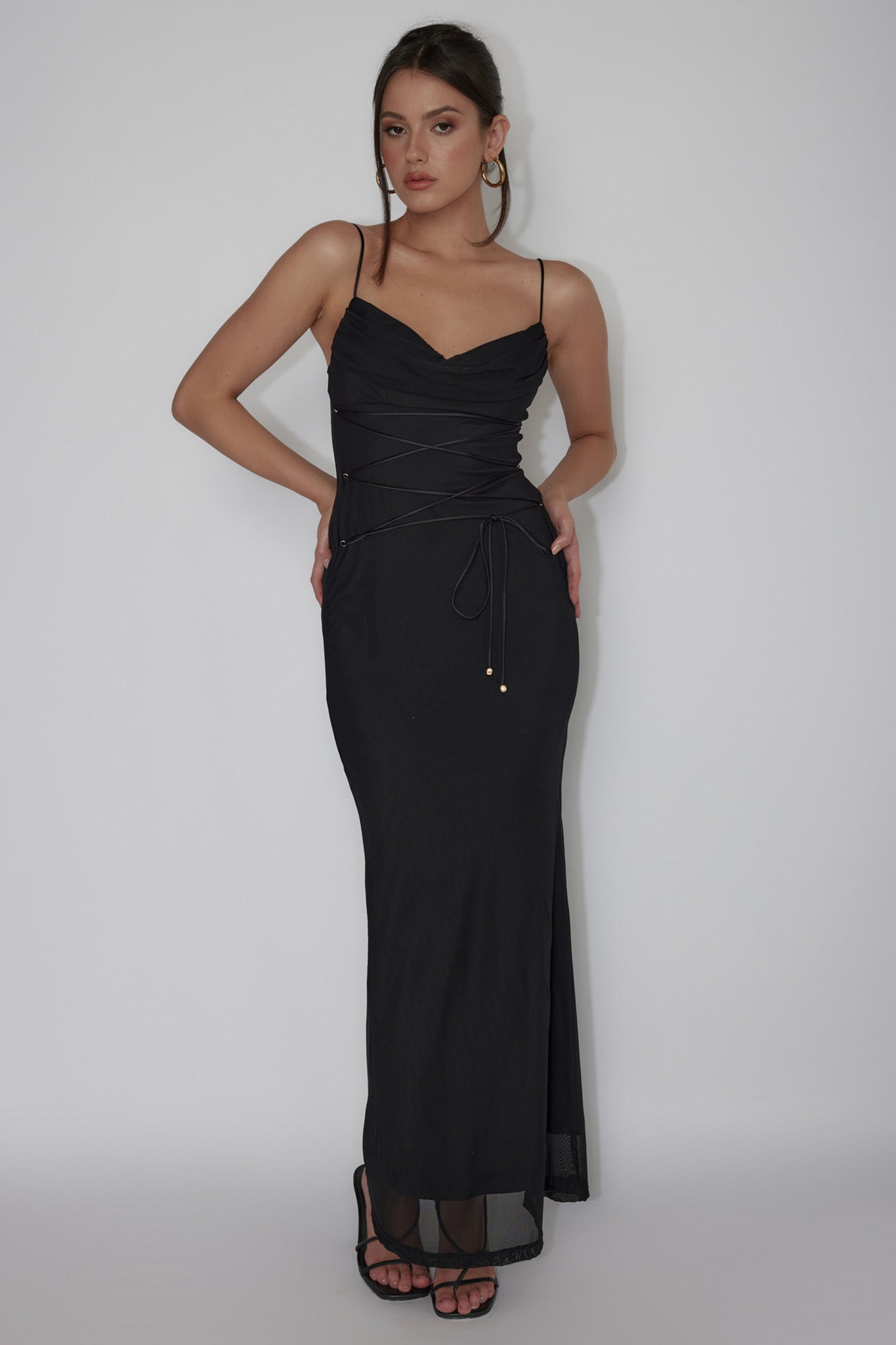 Teava Laced Waist Maxi Dress Black-Maymioy