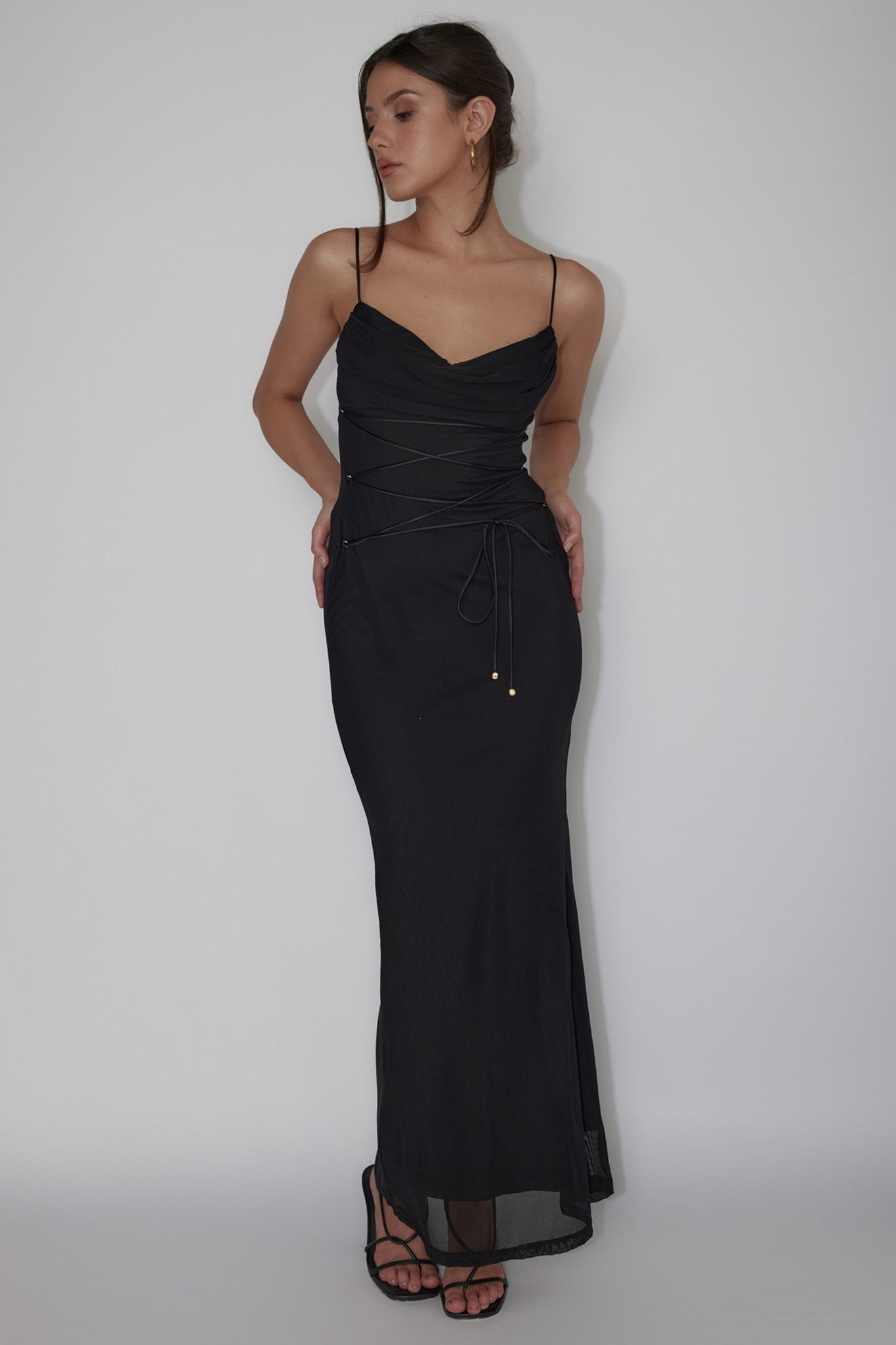 Teava Laced Waist Maxi Dress Black-Maymioy