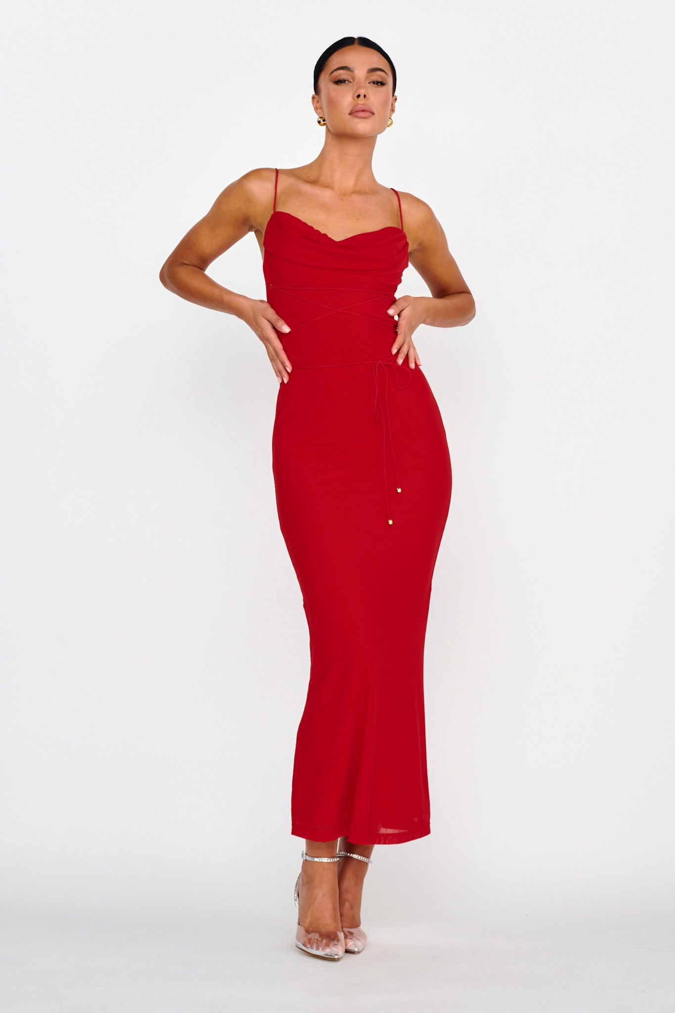 Teava Laced Waist Maxi Dress Red-Maymioy