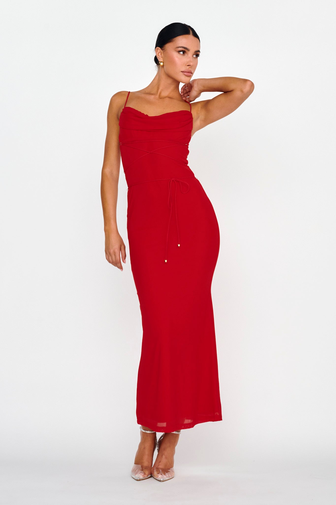 Teava Laced Waist Maxi Dress Red-Maymioy