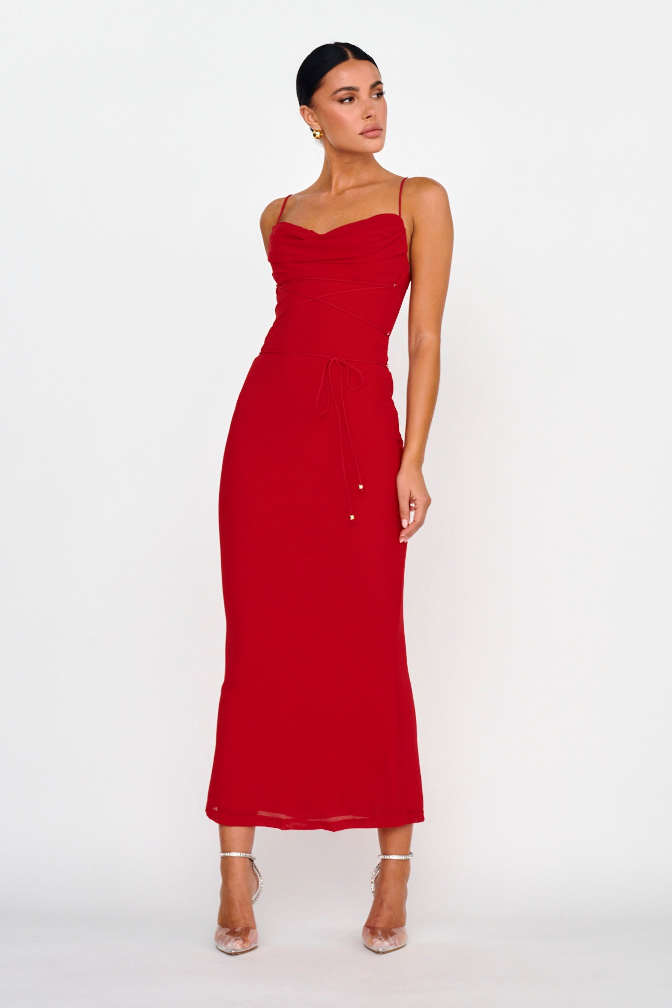 Teava Laced Waist Maxi Dress Red-Maymioy