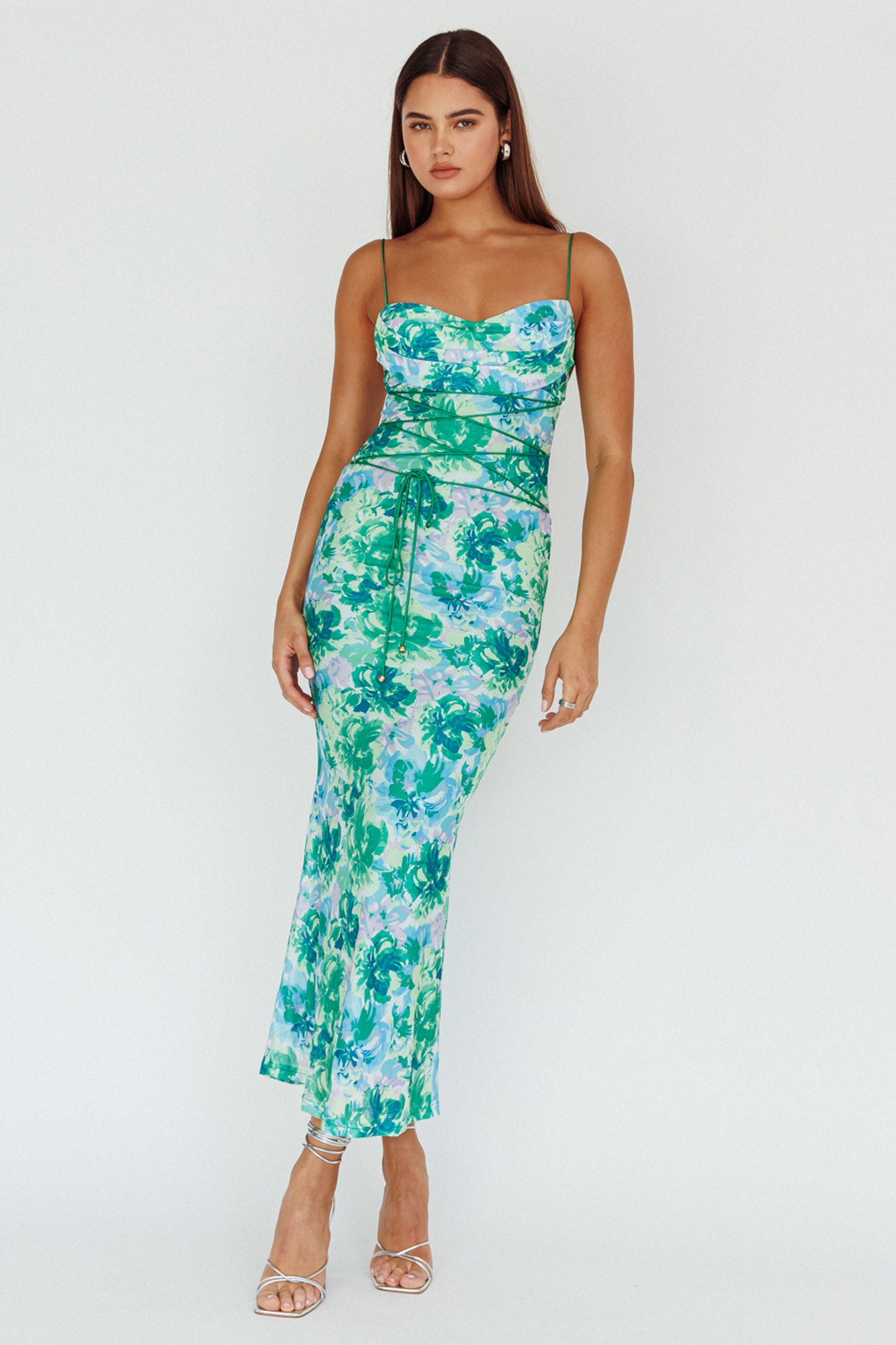 Teava Laced Waist Midi Dress Floral Green-Maymioy