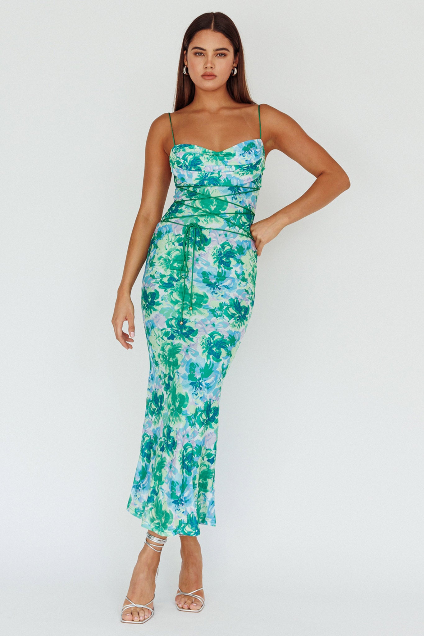 Teava Laced Waist Midi Dress Floral Green-Maymioy