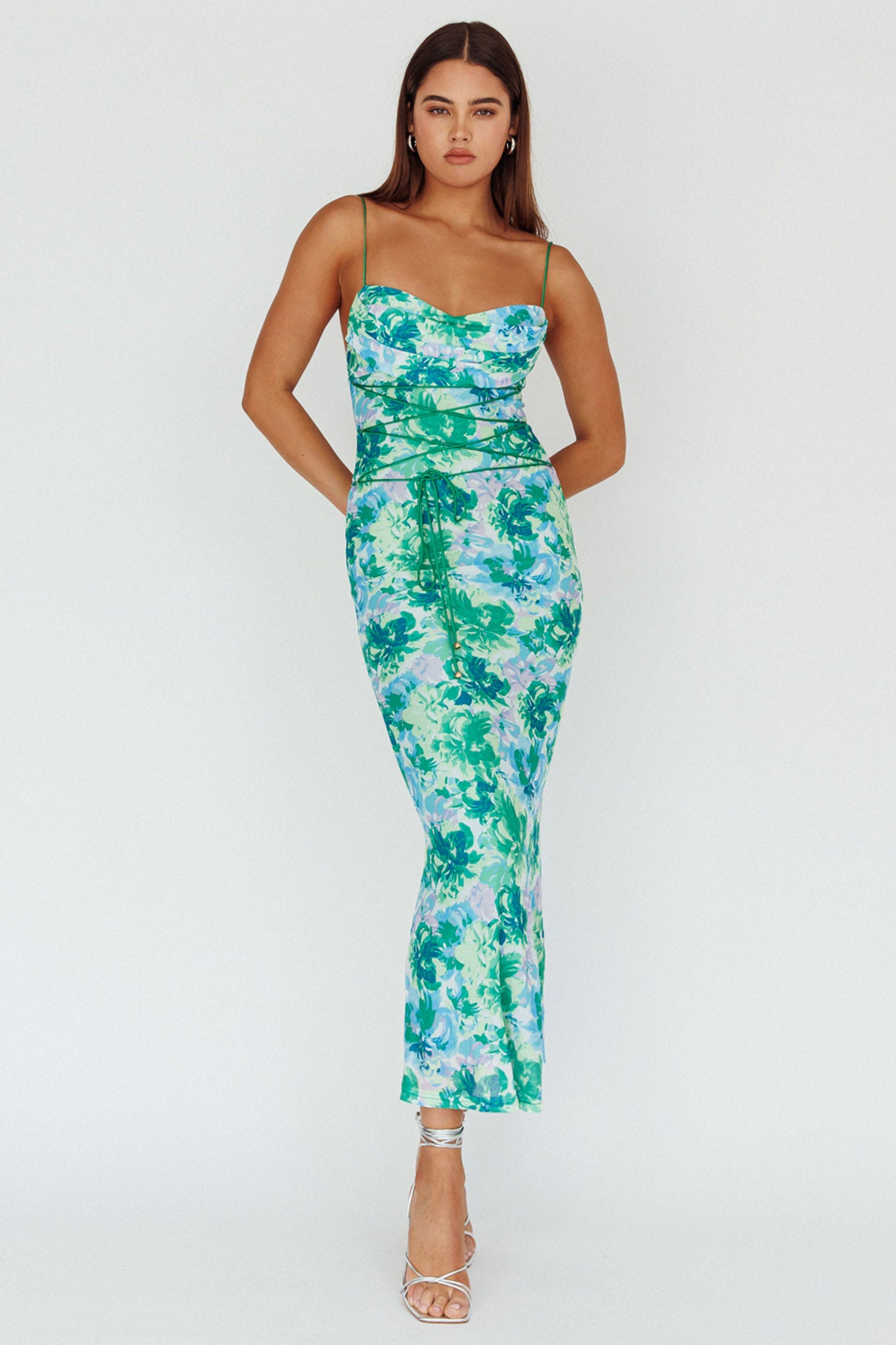 Teava Laced Waist Midi Dress Floral Green-Maymioy
