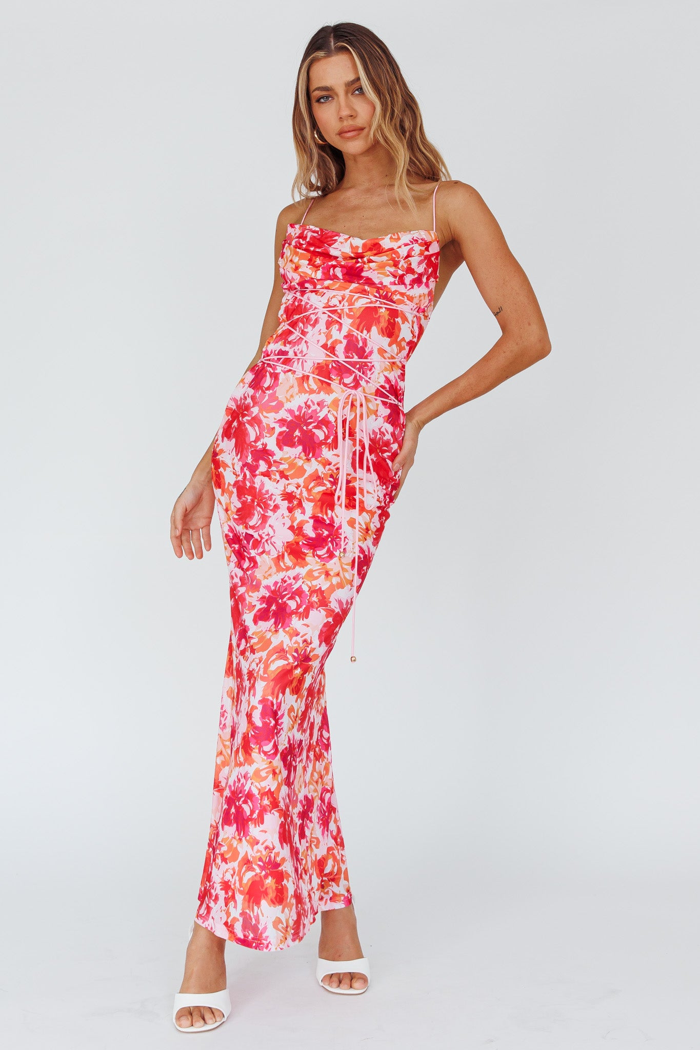 Teava Laced Waist Midi Dress Floral Red-Maymioy