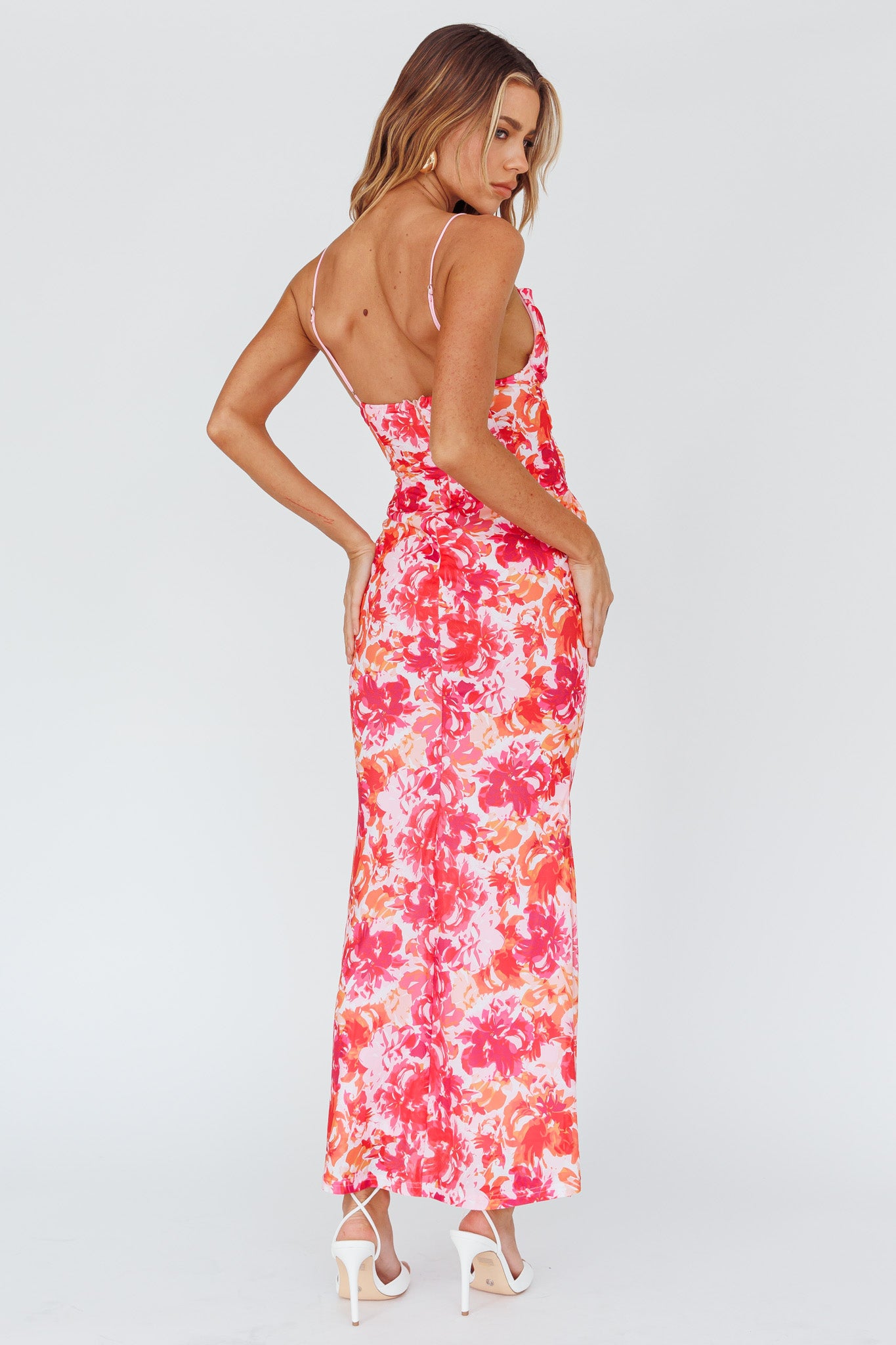 Teava Laced Waist Midi Dress Floral Red-Maymioy