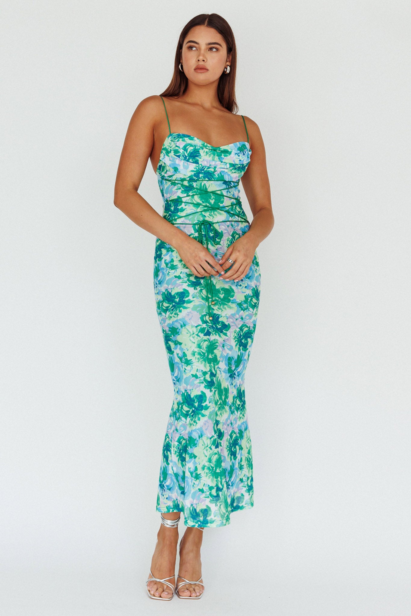 Teava Laced Waist Midi Dress Floral Green-Maymioy
