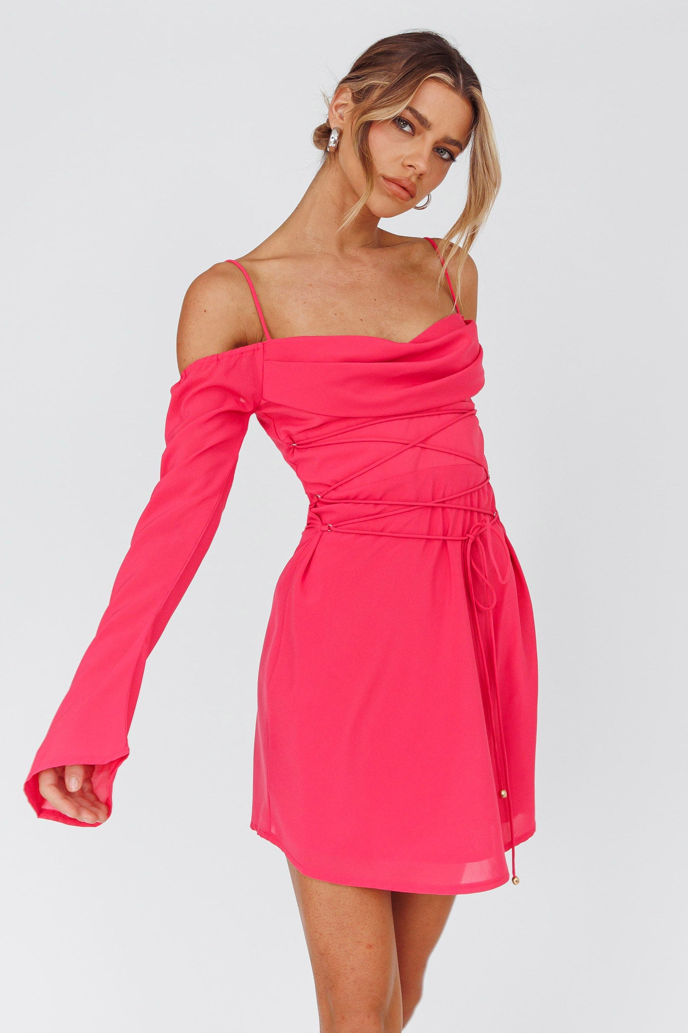 Teava Off-Shoulder Sleeve Laced Mini Dress Hot Pink-Maymioy