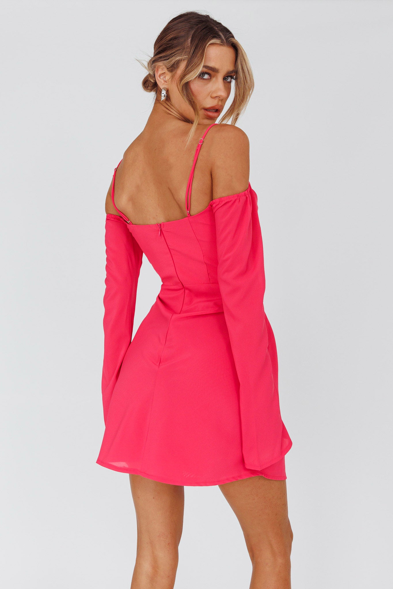 Teava Off-Shoulder Sleeve Laced Mini Dress Hot Pink-Maymioy