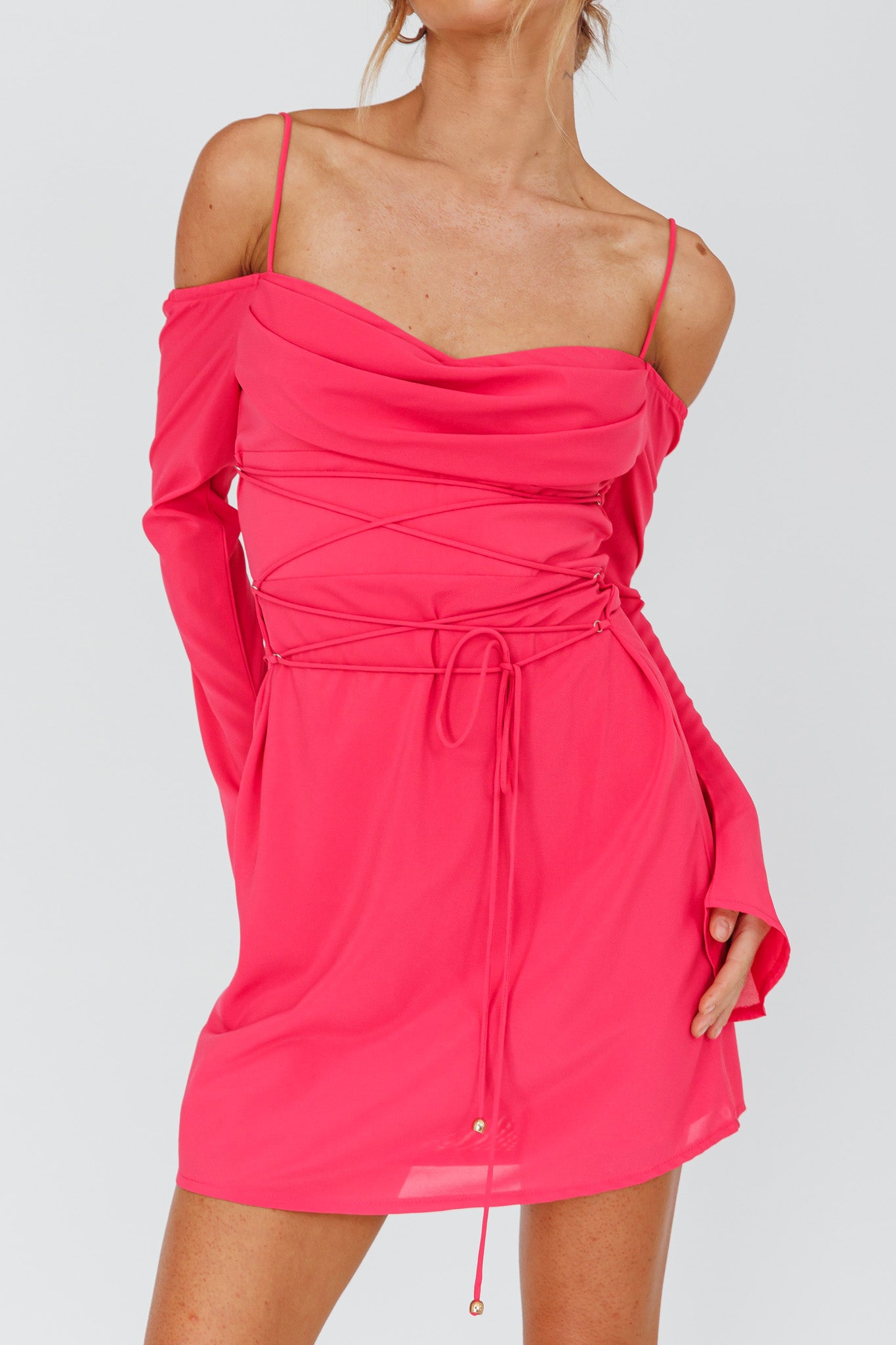 Teava Off-Shoulder Sleeve Laced Mini Dress Hot Pink-Maymioy