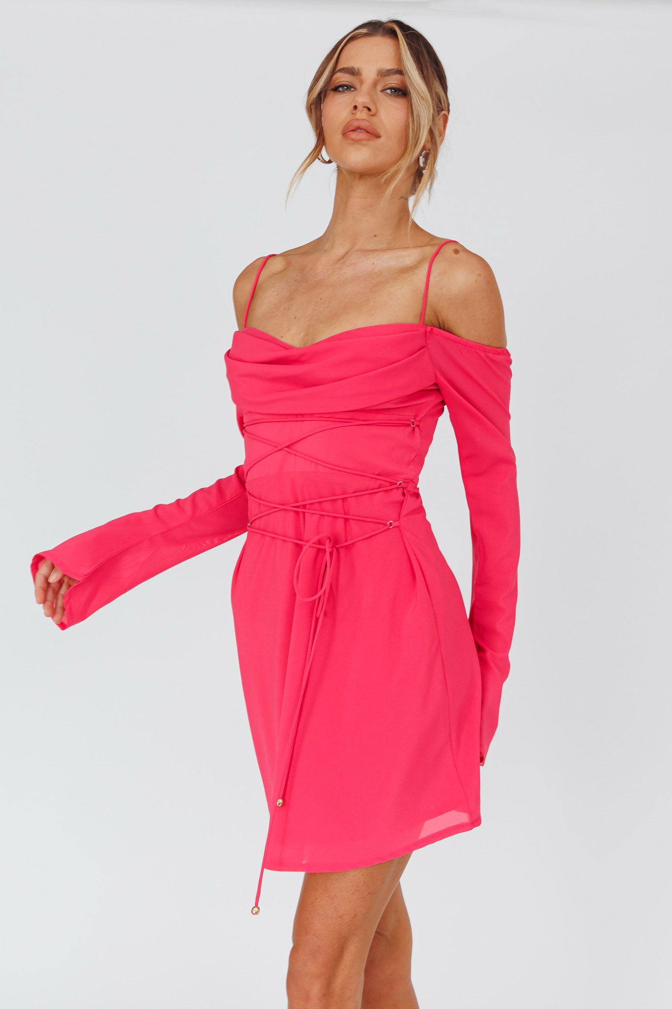 Teava Off-Shoulder Sleeve Laced Mini Dress Hot Pink-Maymioy