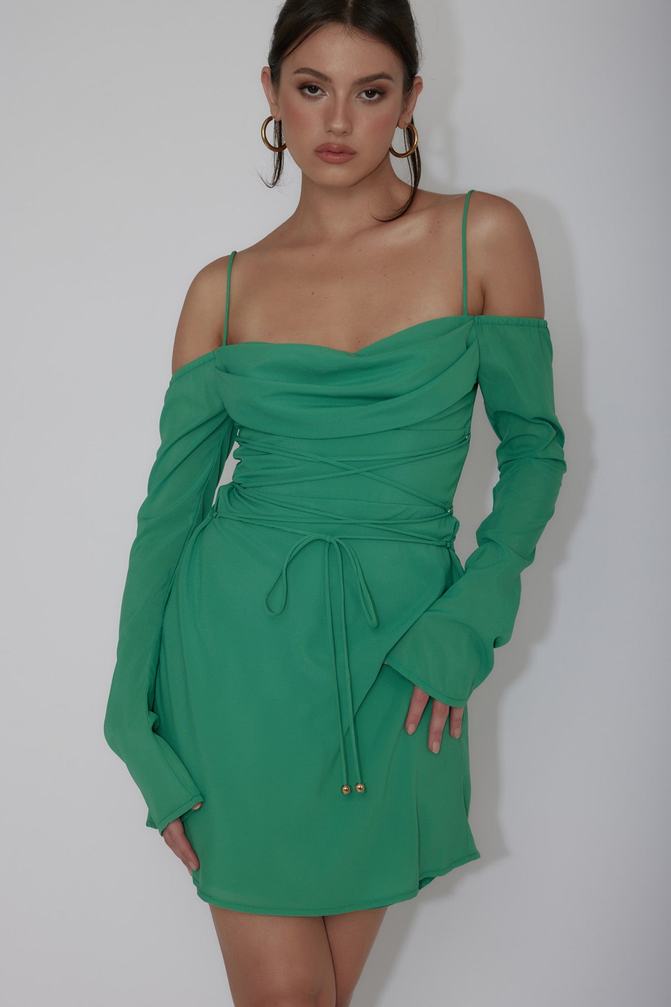 Teava Off-Shoulder Sleeve Laced Mini Dress Jade-Maymioy