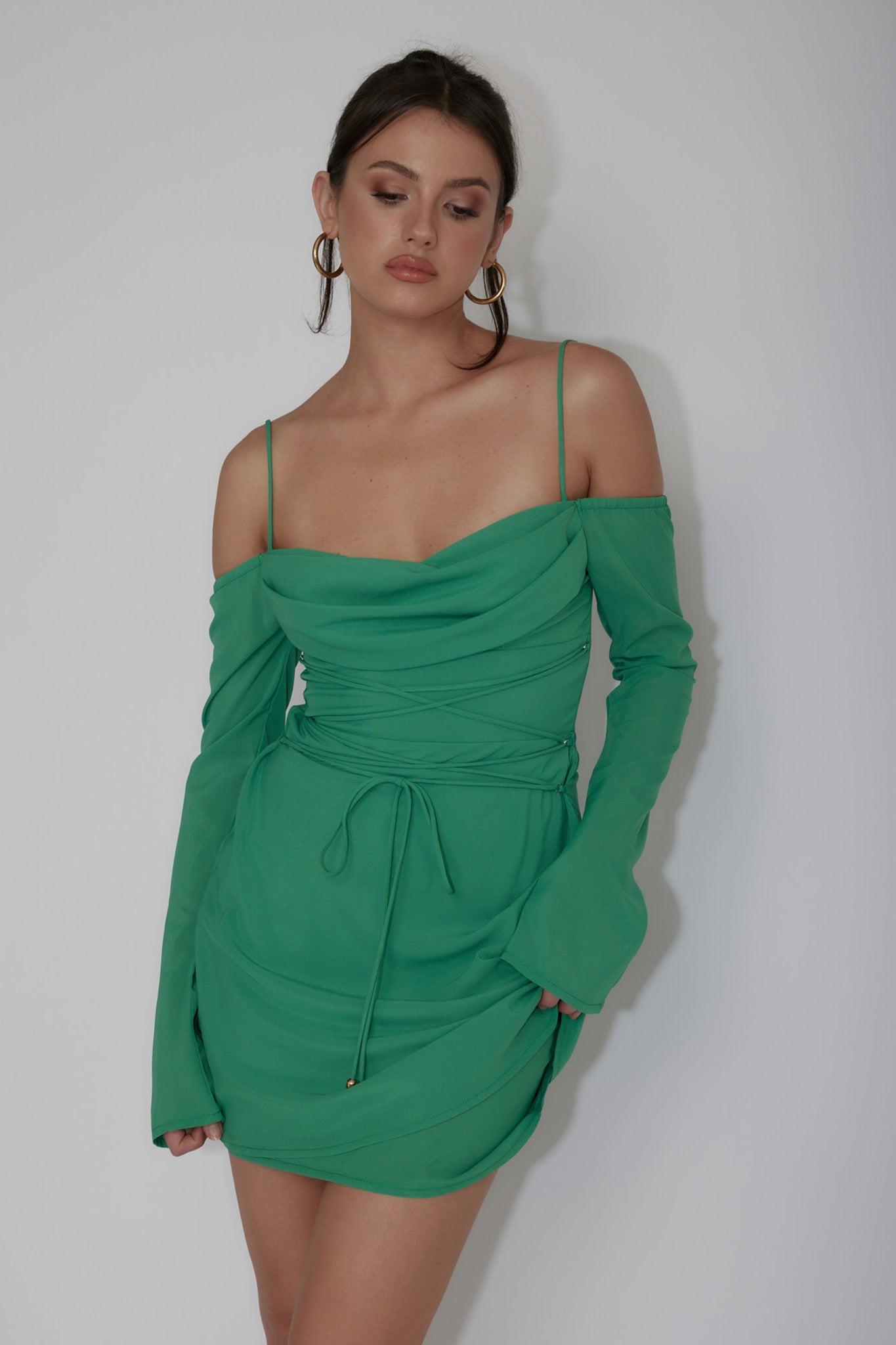 Teava Off-Shoulder Sleeve Laced Mini Dress Jade-Maymioy