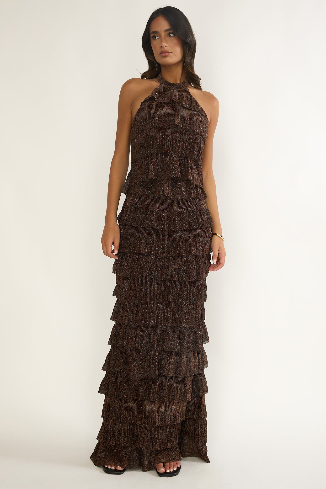 Kaelia Tiered Halter Maxi Dress Sparkle Brown-Maymioy