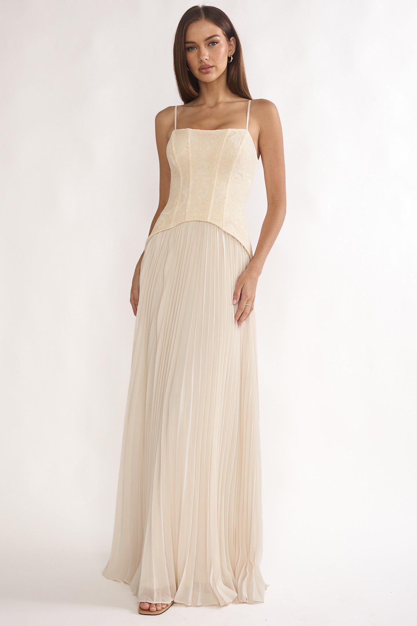 Cambridge Accordion Pleat Corset Dress Cream-Maymioy