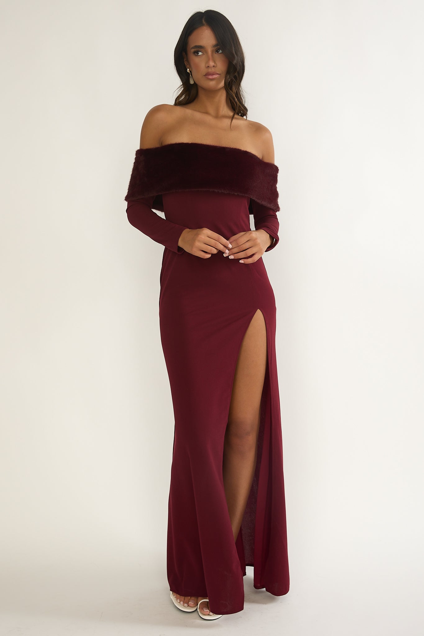 Noella Off-Shoulder Fur Trim Maxi Dress Wine-Maymioy