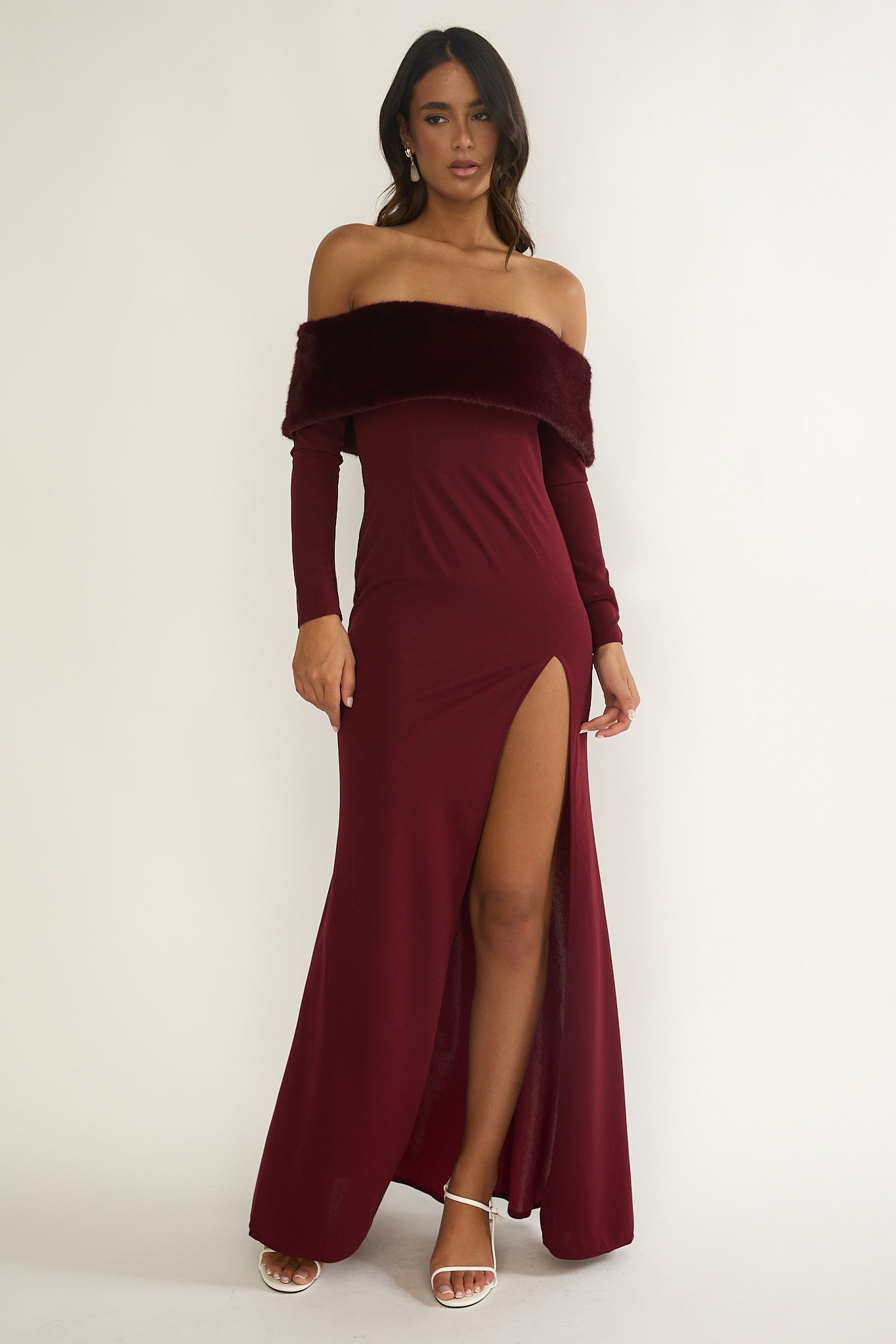 Noella Off-Shoulder Fur Trim Maxi Dress Wine-Maymioy