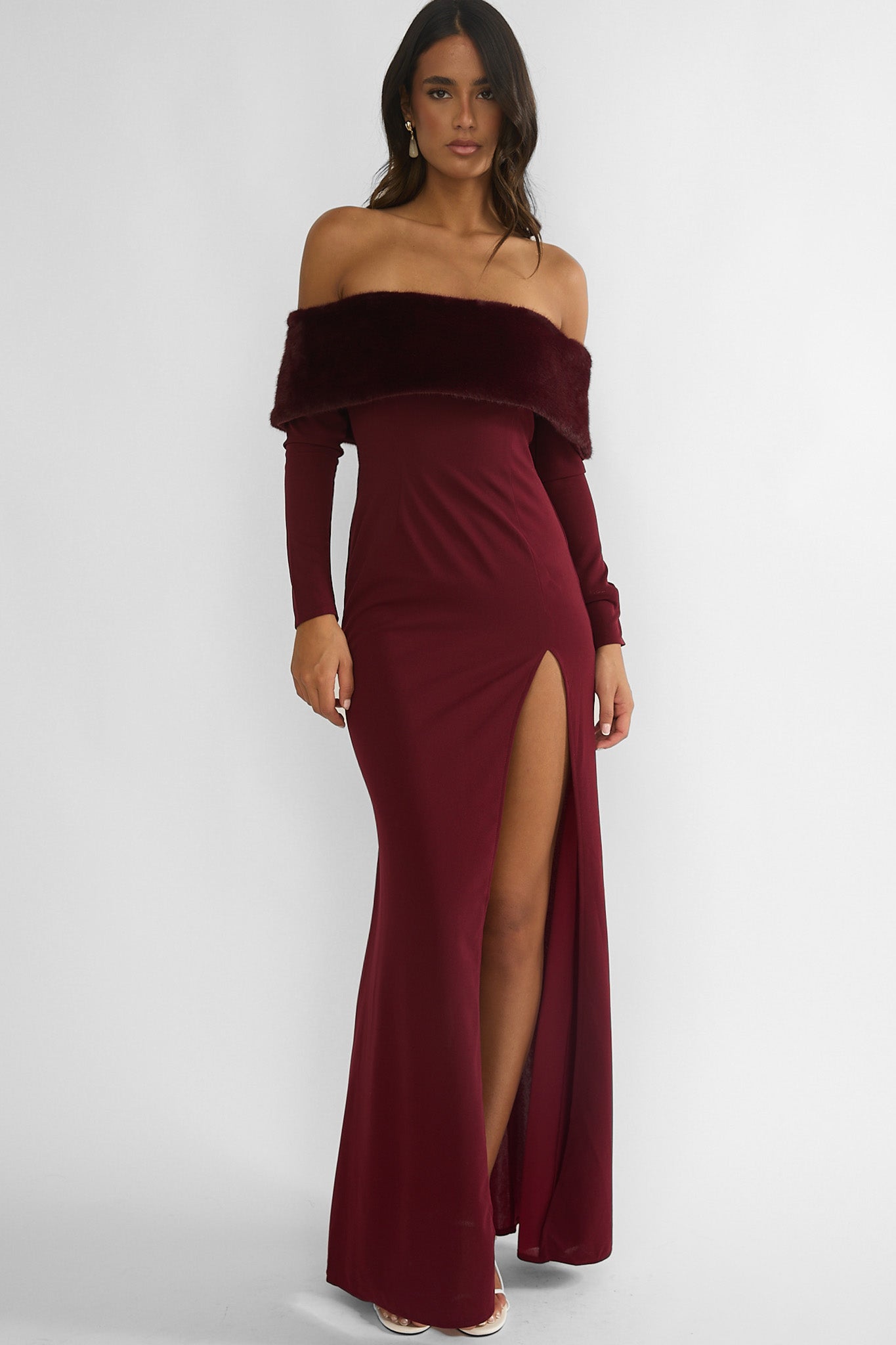 Noella Off-Shoulder Fur Trim Maxi Dress Wine-Maymioy