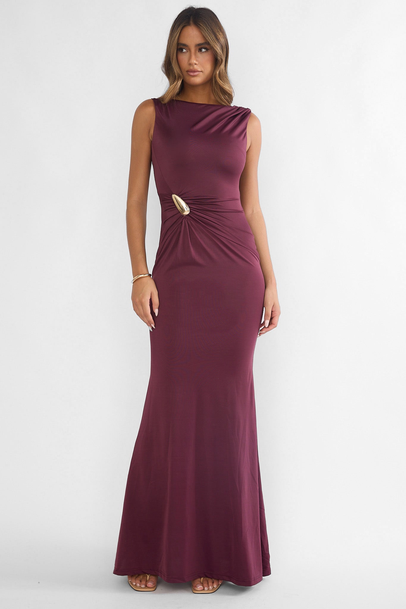 Isalyn Gathered Waist Maxi Dress Burgundy-Maymioy