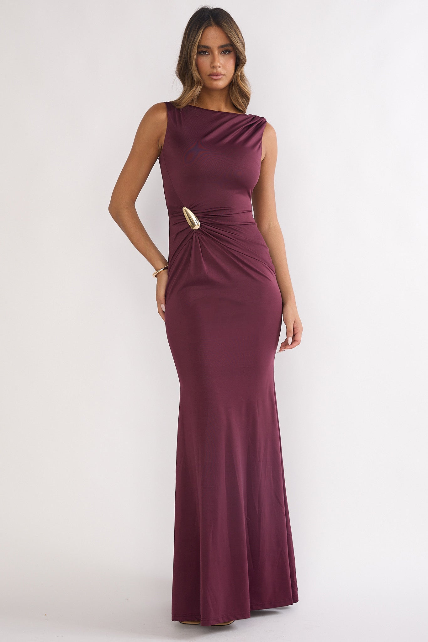 Isalyn Gathered Waist Maxi Dress Burgundy-Maymioy
